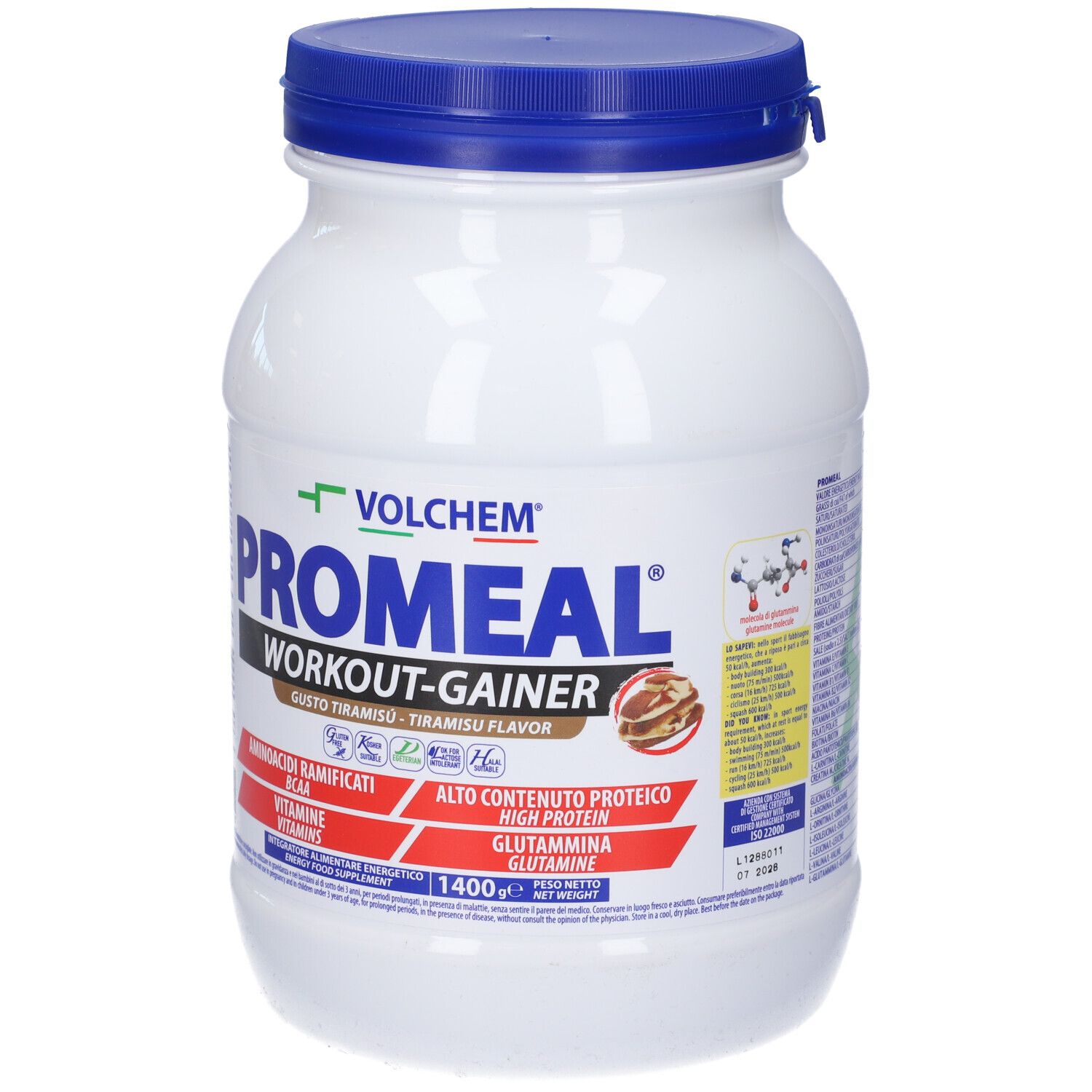 Contenitore bianco di integratore con coperchio blu. Scritta: VOLCHEM Promeal Workout-Gainer, gusto tiramisù. Contiene BCAA, vitamine, proteine.