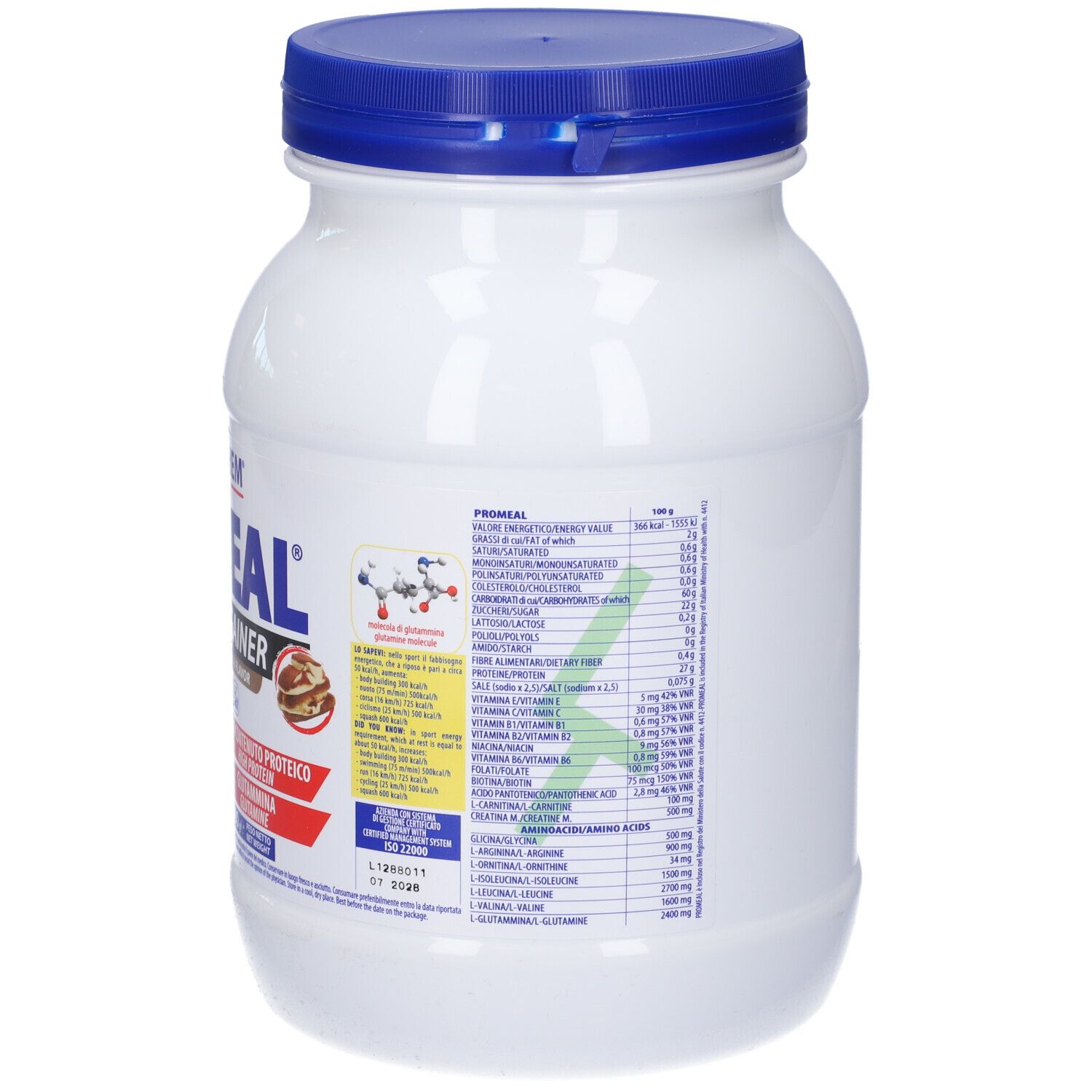 Contenitore bianco di integratore con coperchio blu. Retro con informazioni nutrizionali. VOLCHEM Promeal Workout-Gainer.