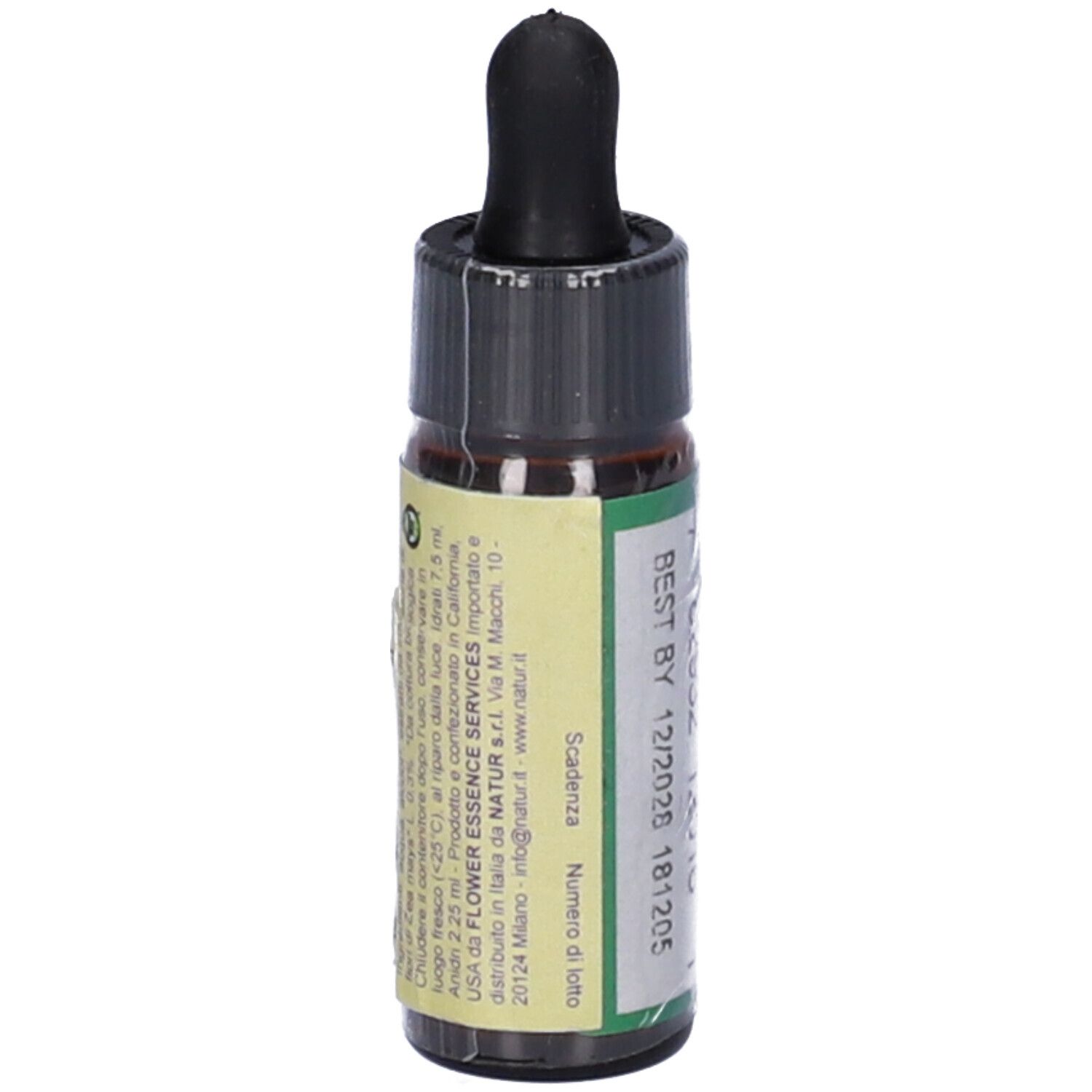 Flacone di vetro marrone con contagocce nero. Etichetta con testo. Scritta: BEST BY 12/2026 181205.