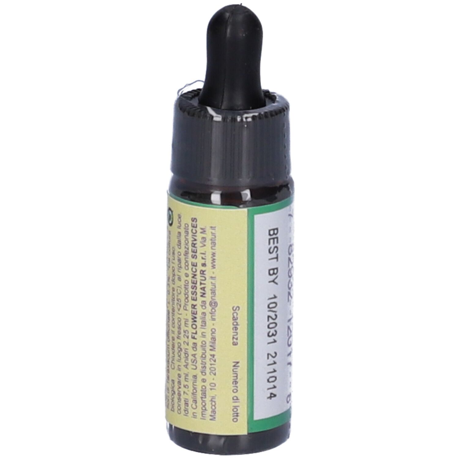Flacone di vetro marrone con contagocce nero. Etichetta con testo: Dandelion flower essence herbal supplement. Scadenza 10/2031.
