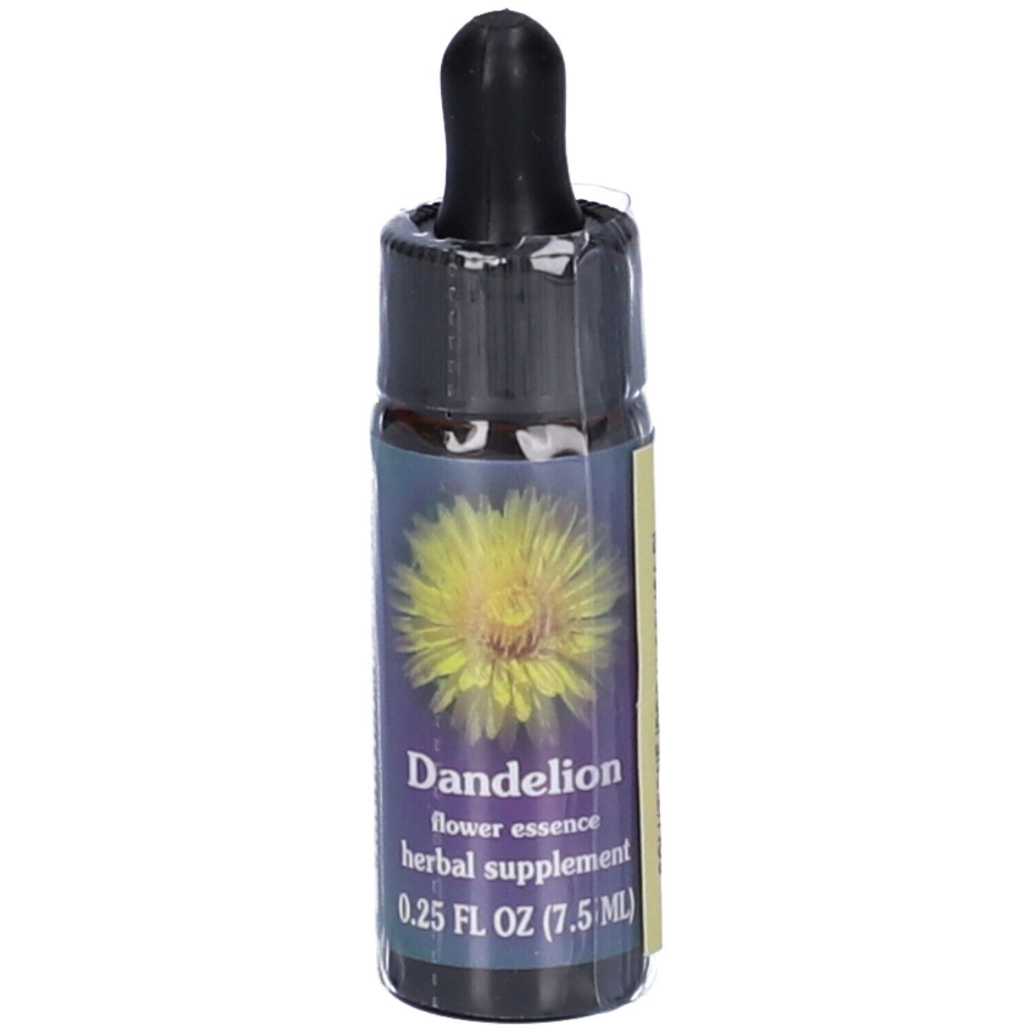 Flacone di vetro marrone con contagocce nero. Etichetta con immagine di tarassaco e testo: Dandelion flower essence herbal supplement.