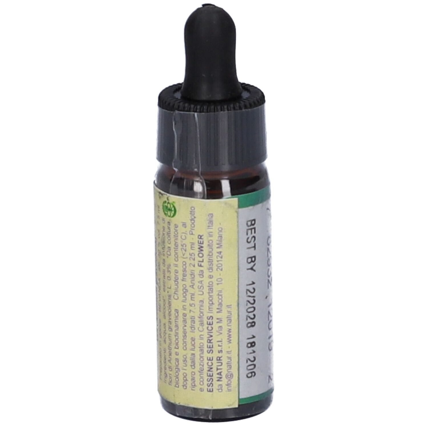 Flacone di vetro marrone con contagocce nero. Scritta: Dill, flower essence, herbal supplement. Testo in italiano.