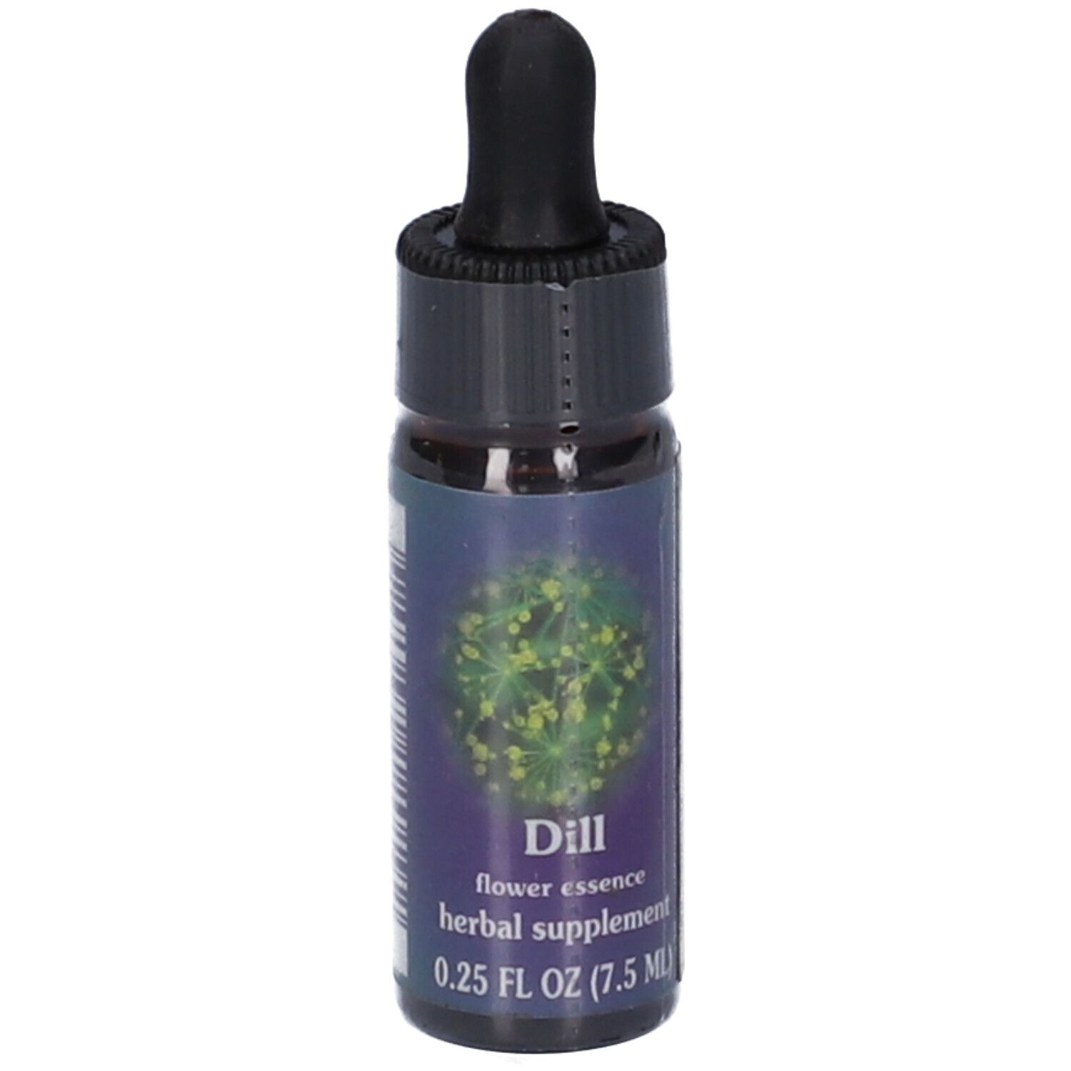Flacone di vetro marrone con contagocce nero. Scritta: Dill, flower essence, herbal supplement. 0.25 FL OZ (7.5 ML).