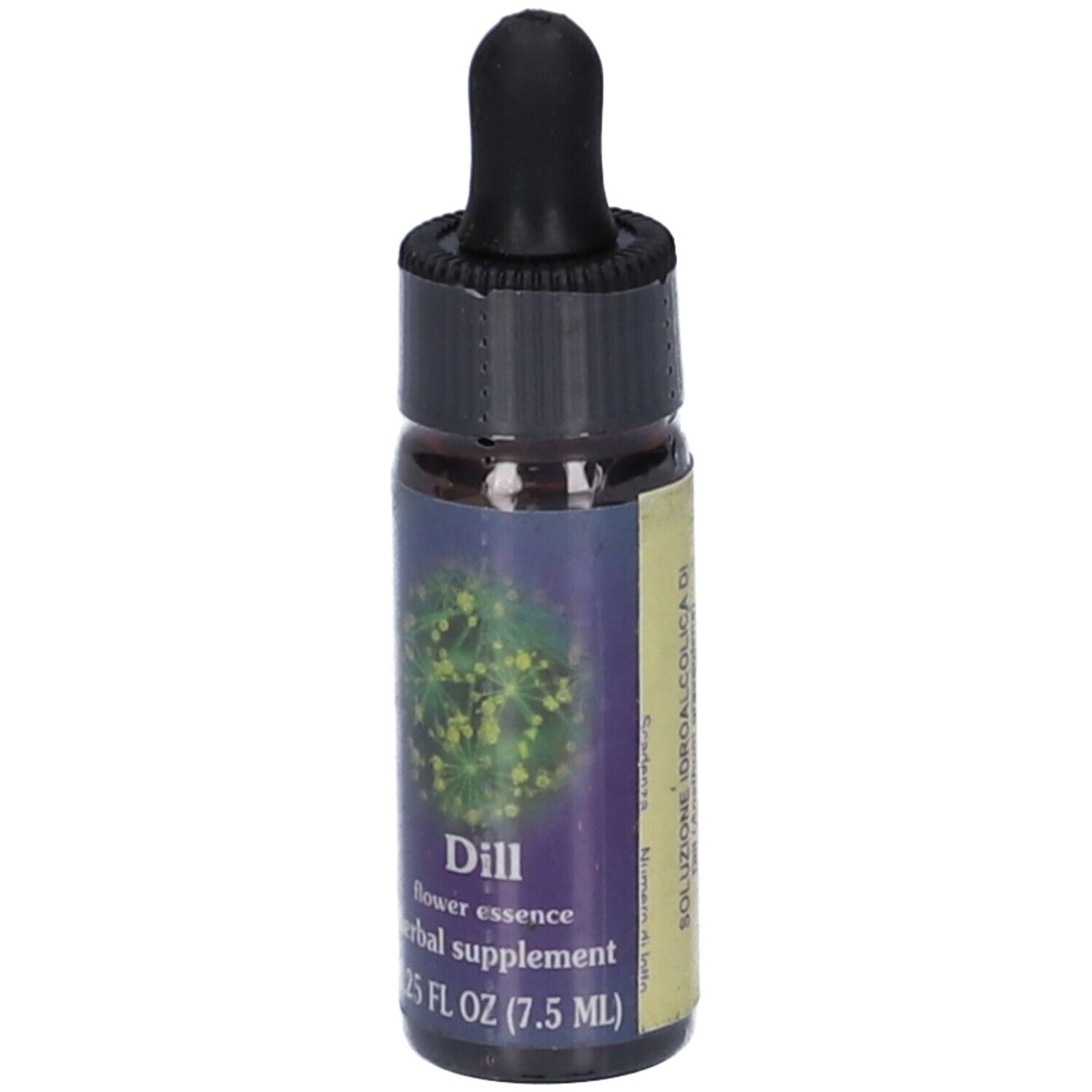 Flacone di vetro marrone con contagocce nero. Scritta: Dill, flower essence, herbal supplement. 0.25 FL OZ (7.5 ML).