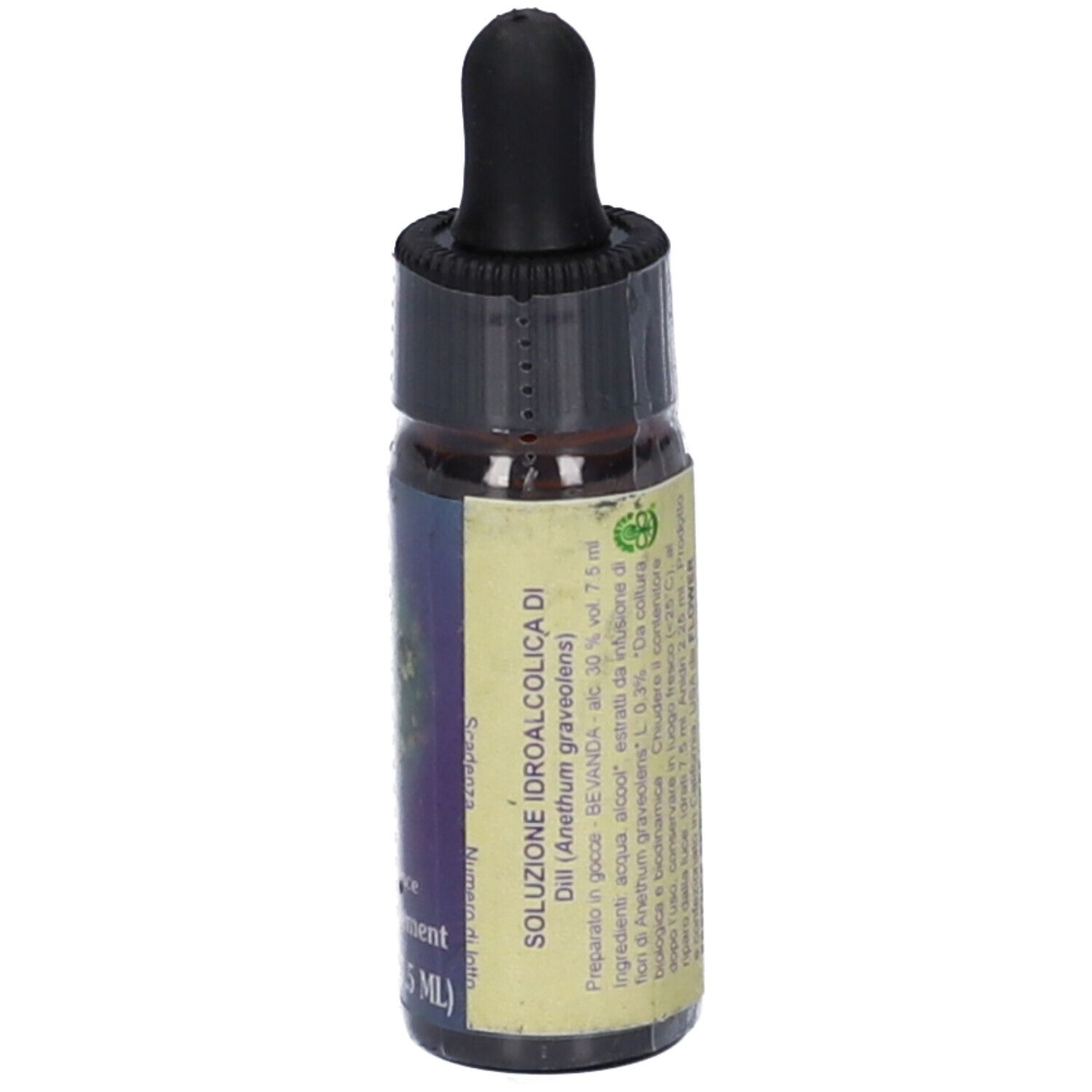 Flacone di vetro marrone con contagocce nero. Scritta: Dill, flower essence, herbal supplement. Testo in italiano.