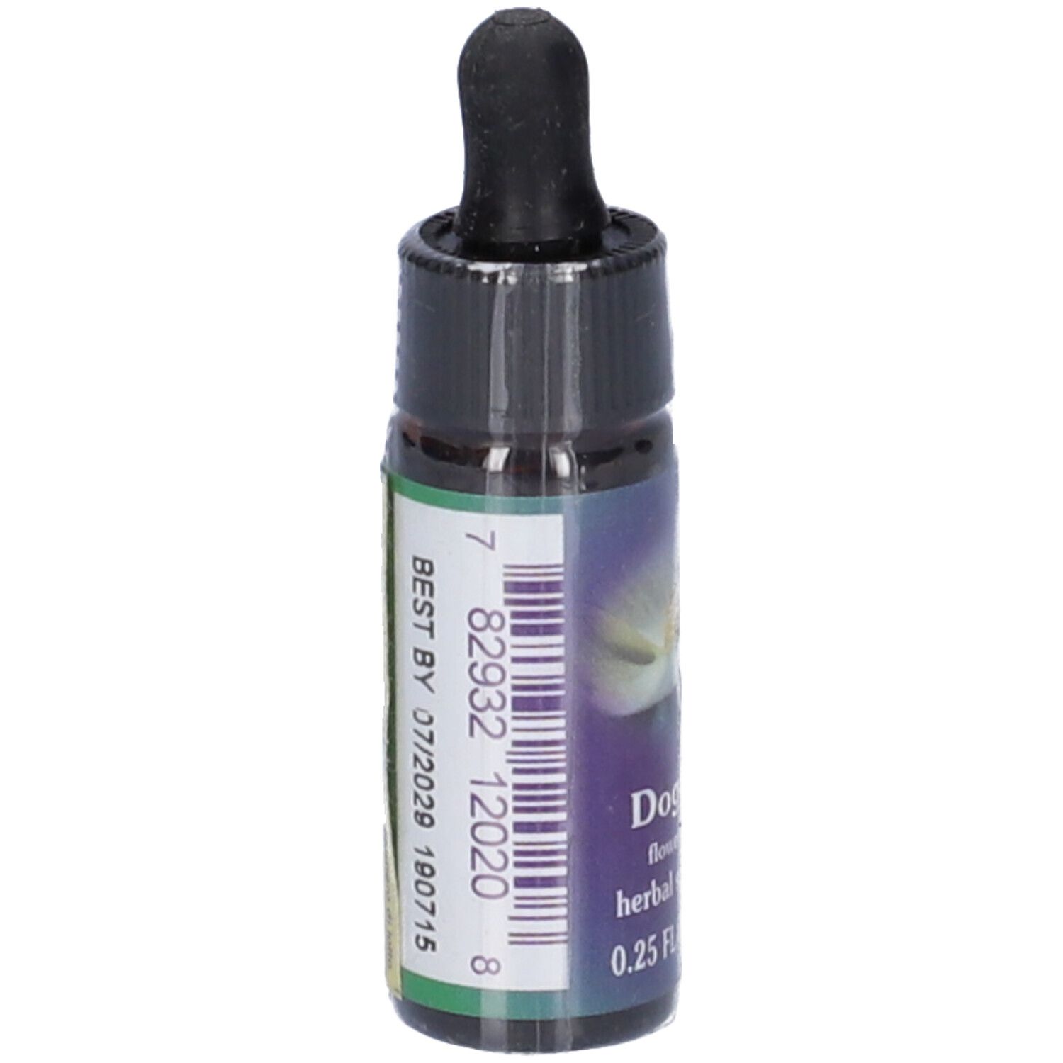 Flacone di vetro marrone con contagocce nero. Scritta: Dogwood flower essence herbal supplement 0.25 FL OZ (7.5 ml). Etichetta con codice a barre e data di scadenza.