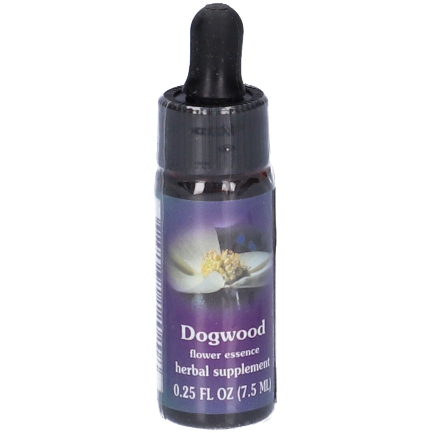 Flacone di vetro marrone con contagocce nero. Scritta: Dogwood flower essence herbal supplement 0.25 FL OZ (7.5 ml).