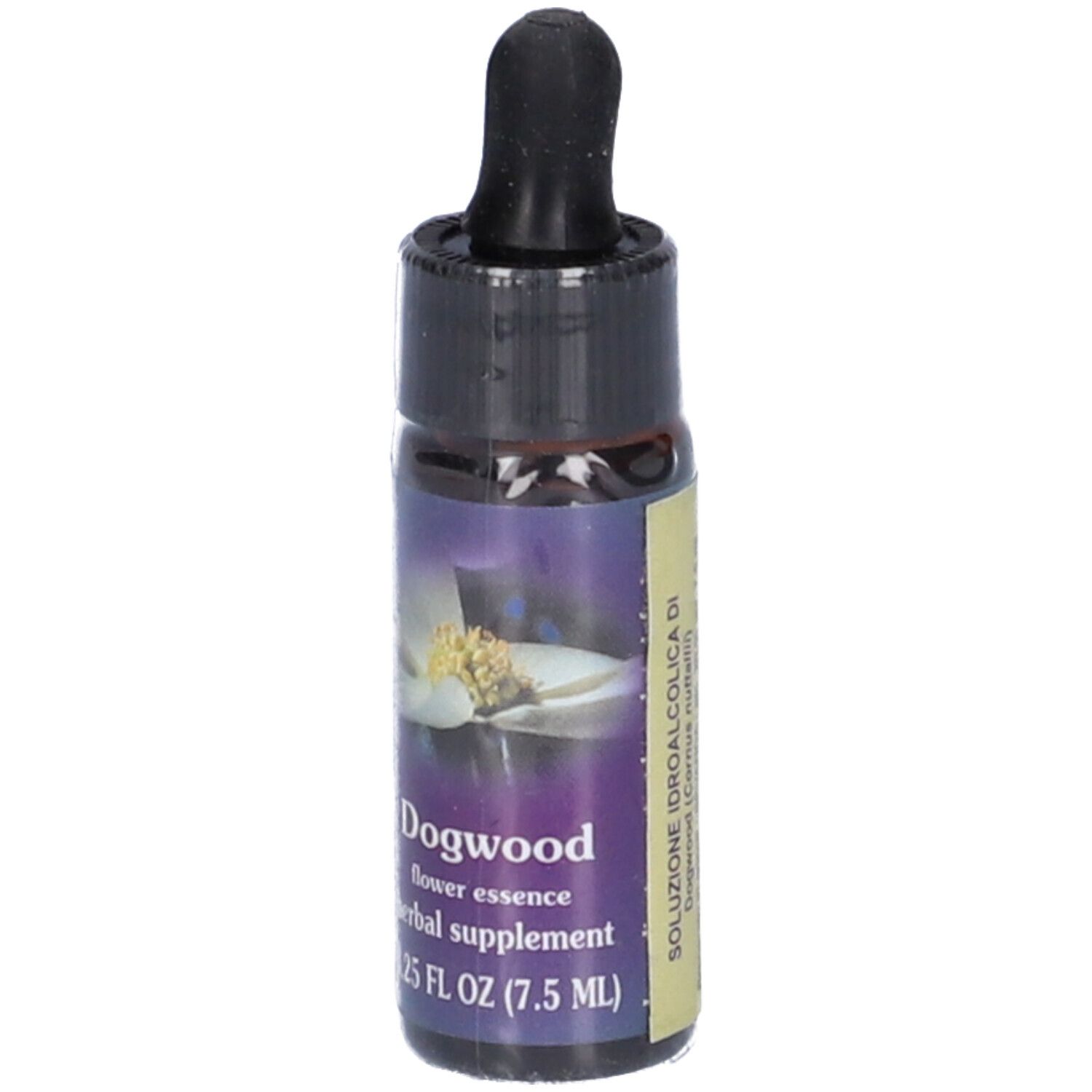 Flacone di vetro marrone con contagocce nero. Scritta: Dogwood flower essence herbal supplement 0.25 FL OZ (7.5 ml).