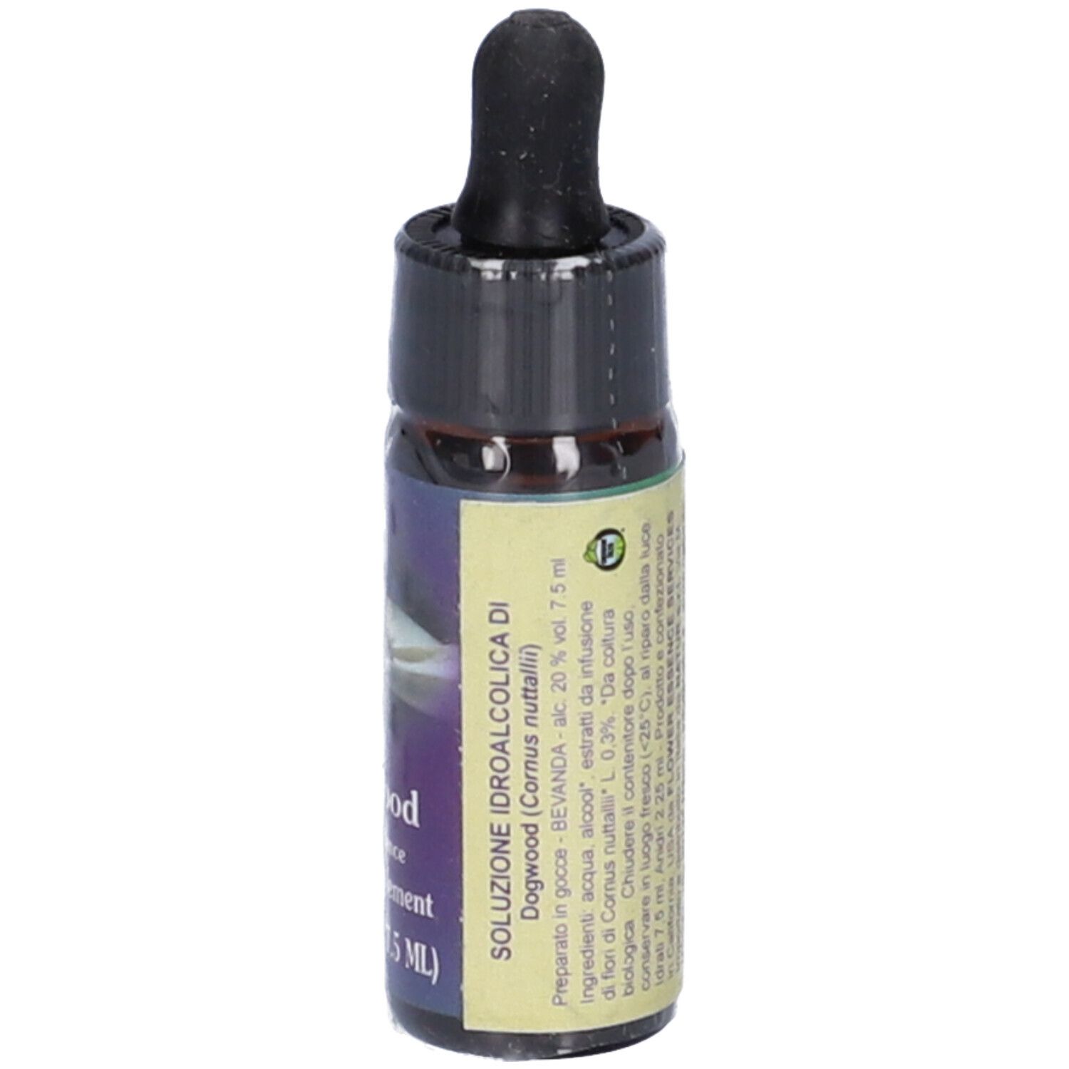 Flacone di vetro marrone con contagocce nero. Scritta: Dogwood flower essence herbal supplement 0.25 FL OZ (7.5 ml).