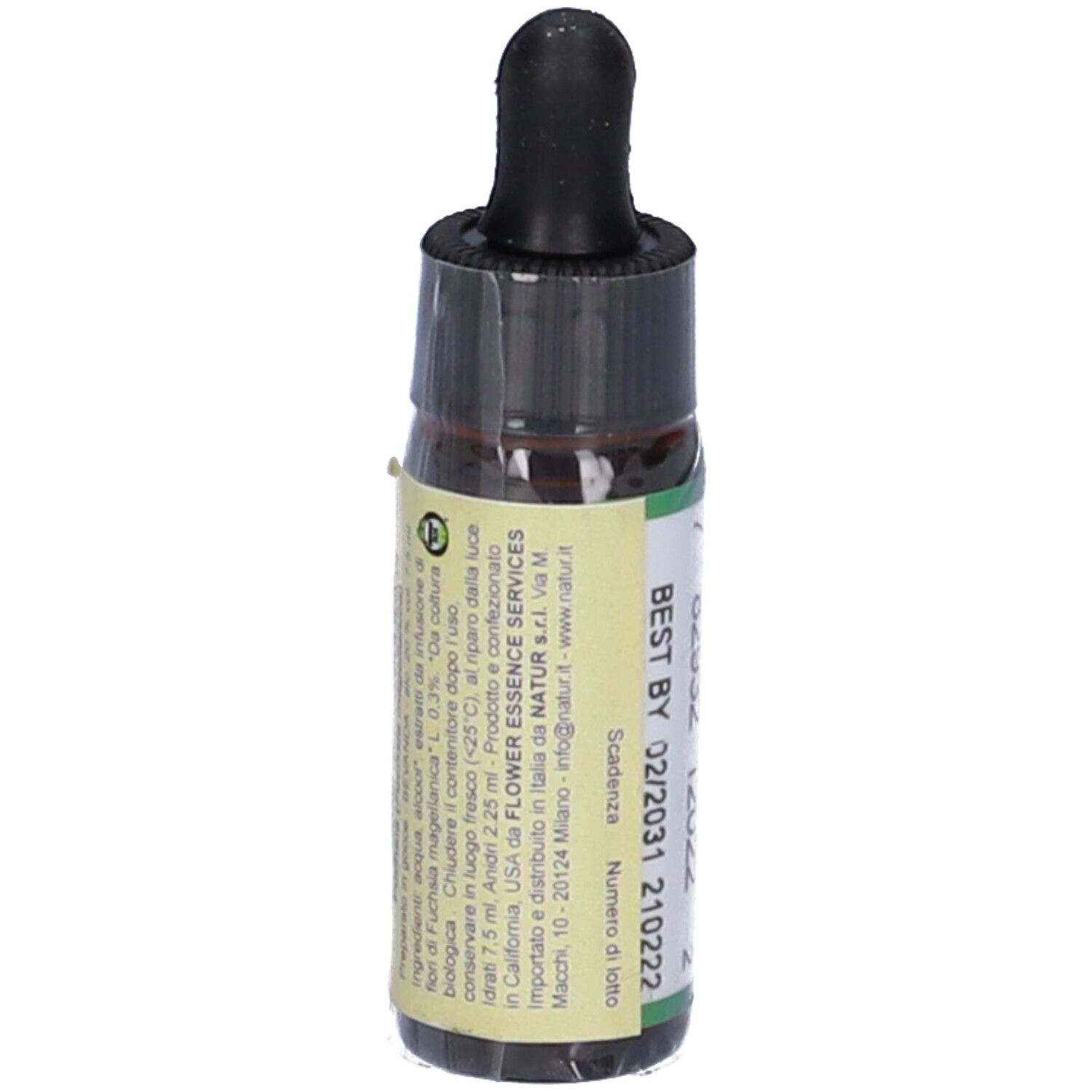 Flacone di vetro marrone con tappo nero e contagocce. Etichetta con testo: BEST BY 02/2031 210222 e informazioni del produttore.