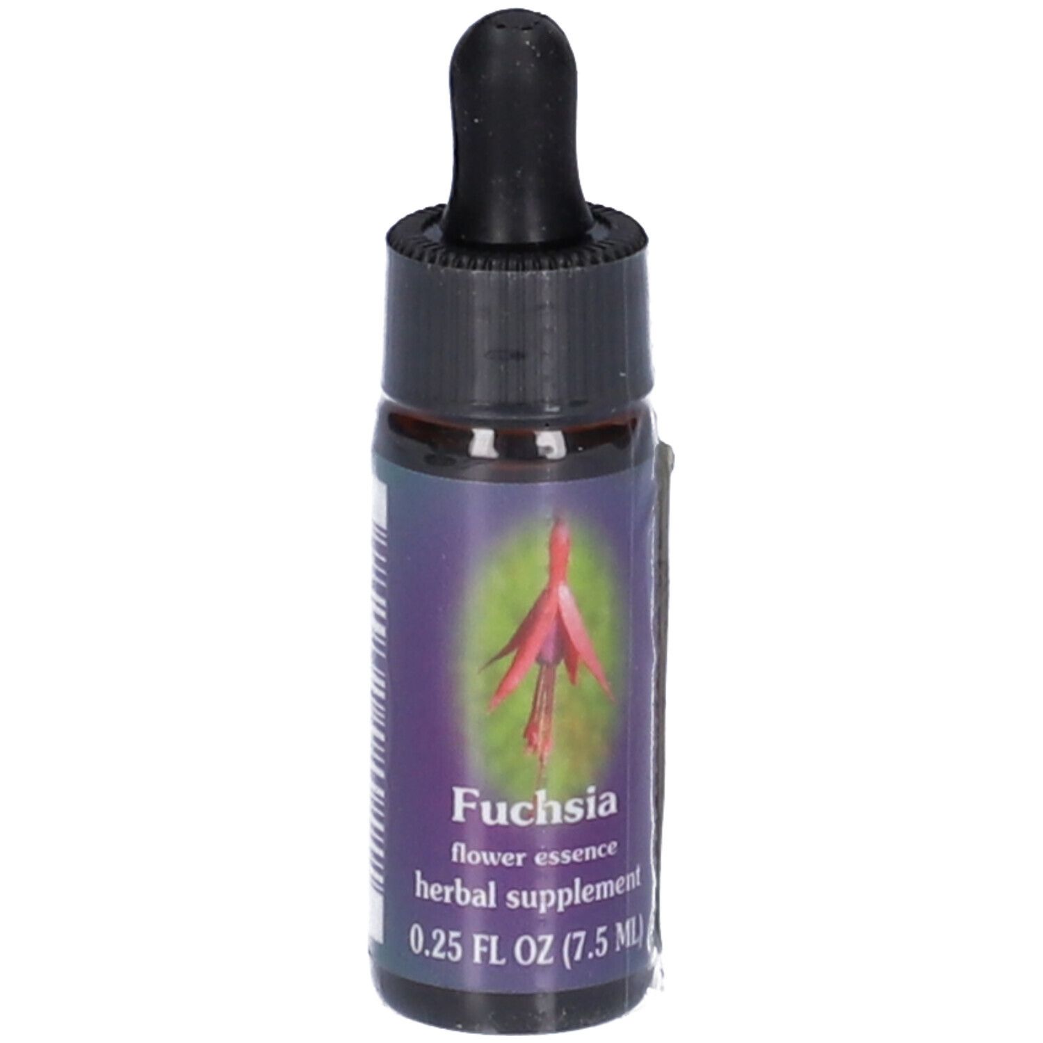 Flacone di vetro marrone con tappo nero e contagocce. Etichetta con immagine di fiore di fucsia e testo: flower essence, herbal supplement.