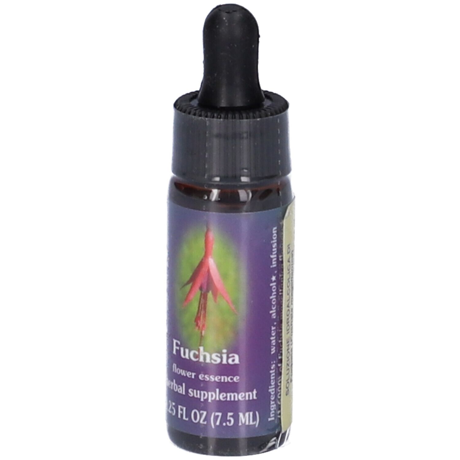 Flacone di vetro marrone con tappo nero e contagocce. Etichetta con immagine di fiore di fucsia e testo: flower essence, herbal supplement.