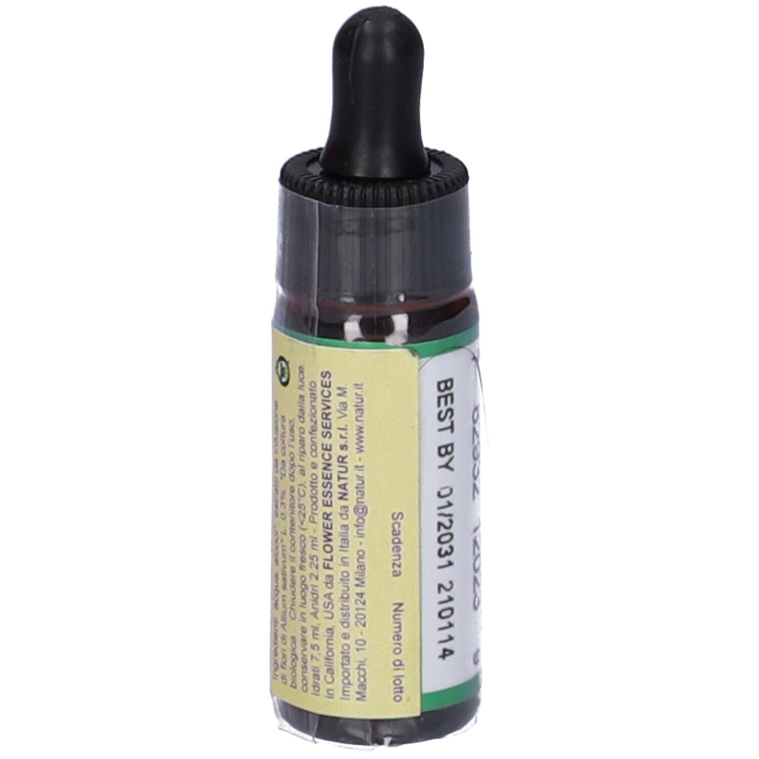 Flacone di vetro marrone con tappo nero e contagocce. Etichetta con testo e data di scadenza.