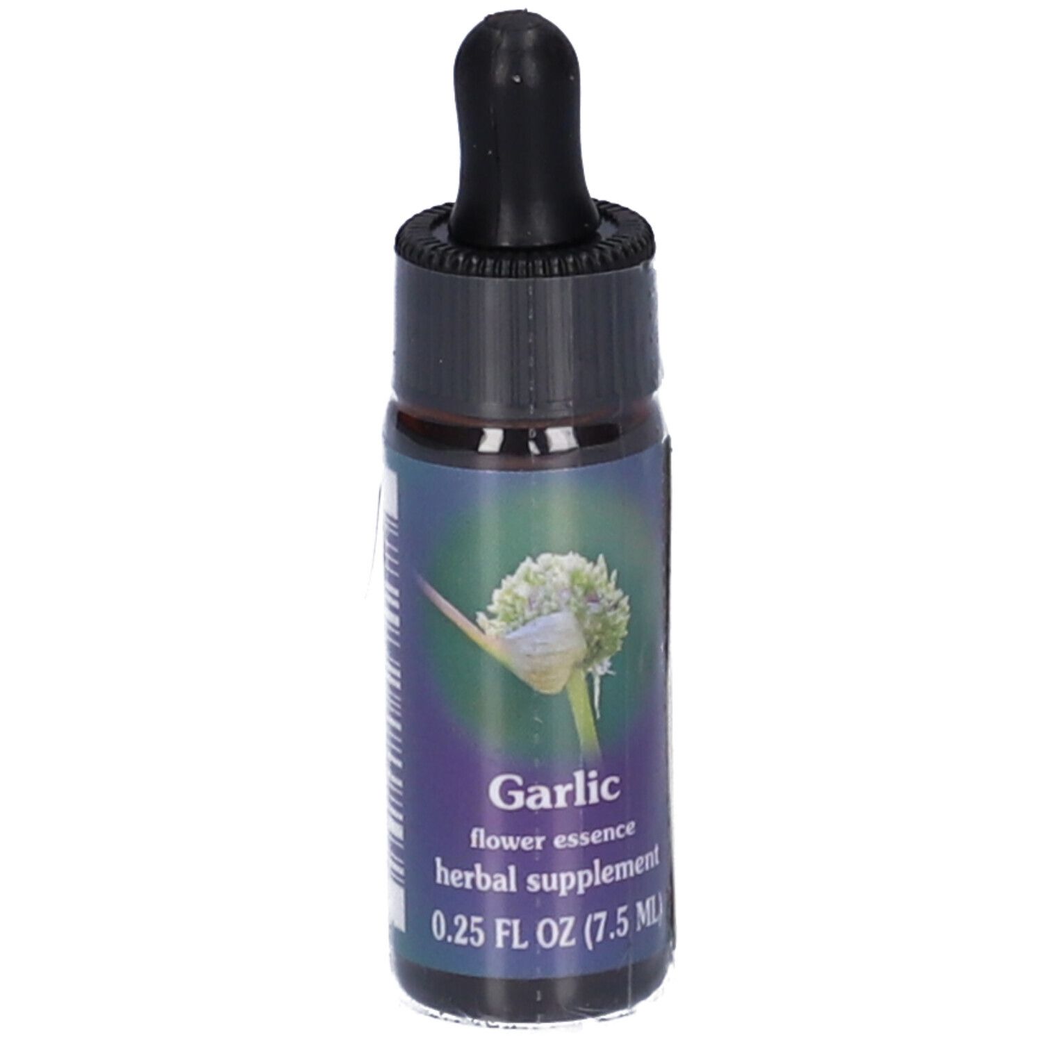 Flacone di vetro marrone con tappo nero e contagocce. Etichetta con illustrazione di fiore d'aglio e testo.