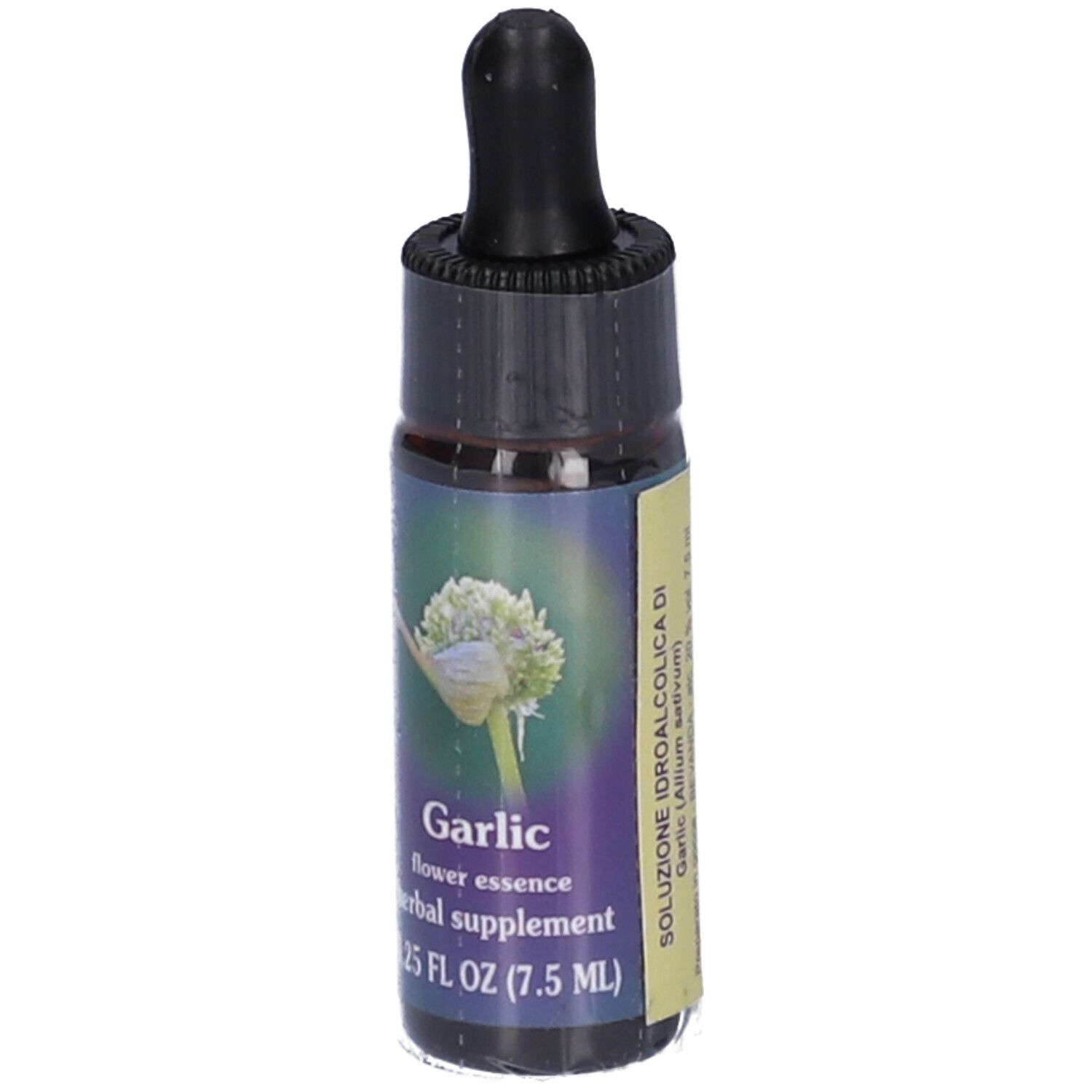 Flacone di vetro marrone con tappo nero e contagocce. Etichetta con illustrazione di fiore d'aglio e testo.