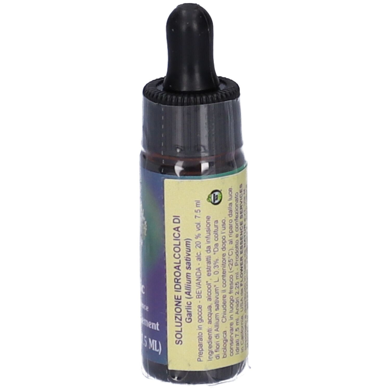 Flacone di vetro marrone con tappo nero e contagocce. Etichetta con testo e informazioni sul contenuto.