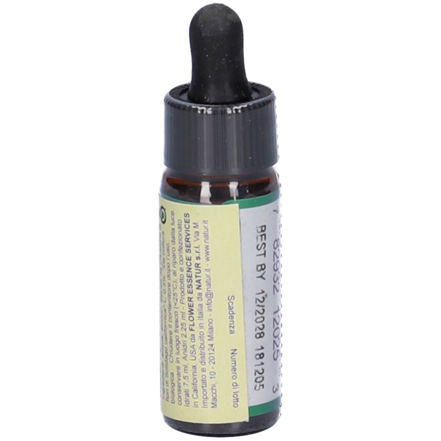 Flacone di vetro marrone con tappo nero e contagocce. Etichetta con testo e data di scadenza: BEST BY 12/2028.