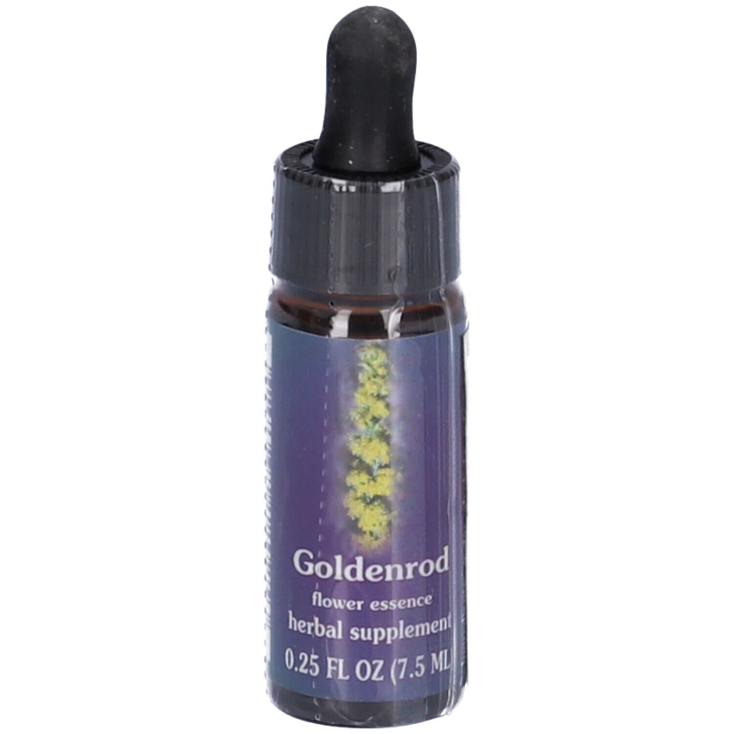 Flacone di vetro marrone con tappo nero e contagocce. Scritta: Goldenrod, flower essence, herbal supplement, 0.25 FL OZ (7.5 mL).