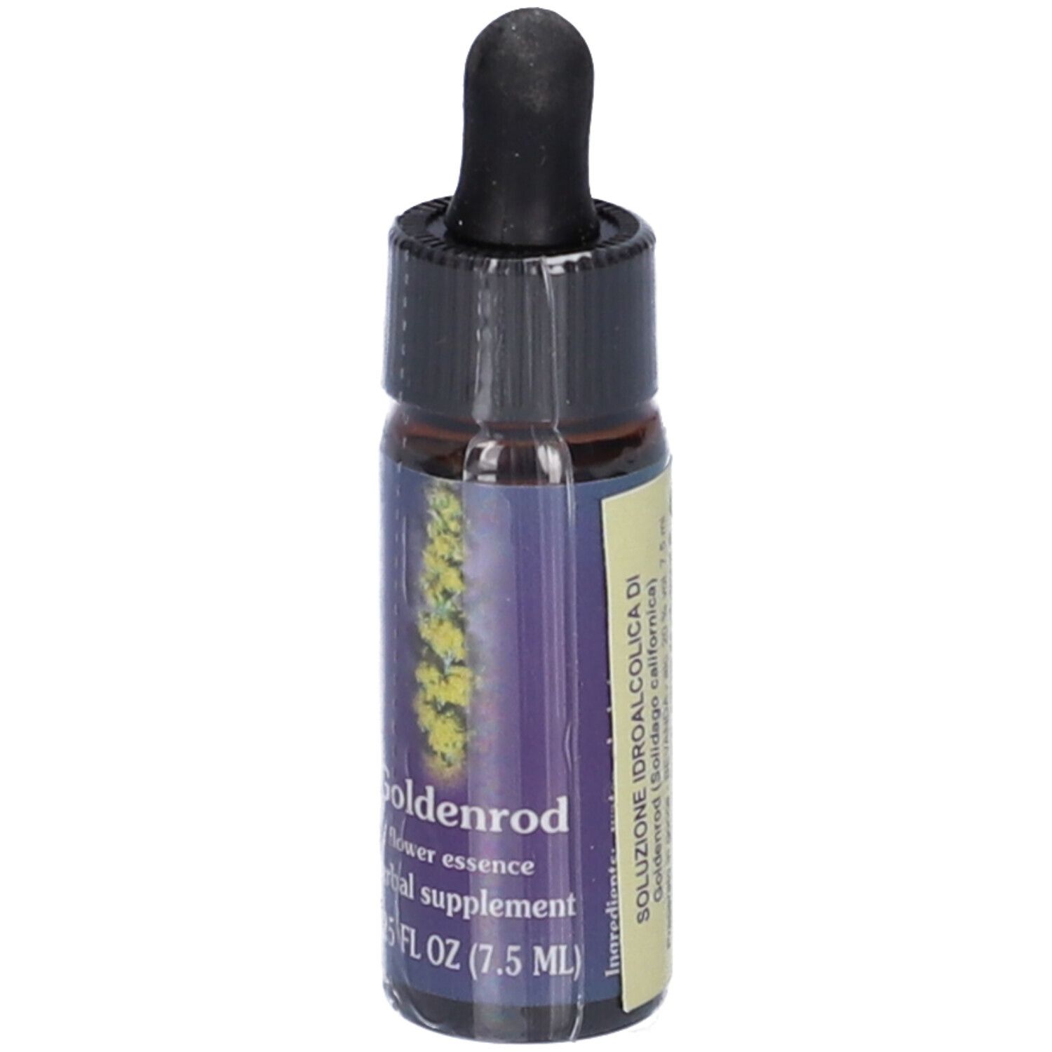 Flacone di vetro marrone con tappo nero e contagocce. Scritta: Soluzione idroalcolica di Goldenrod (Solidago californica).