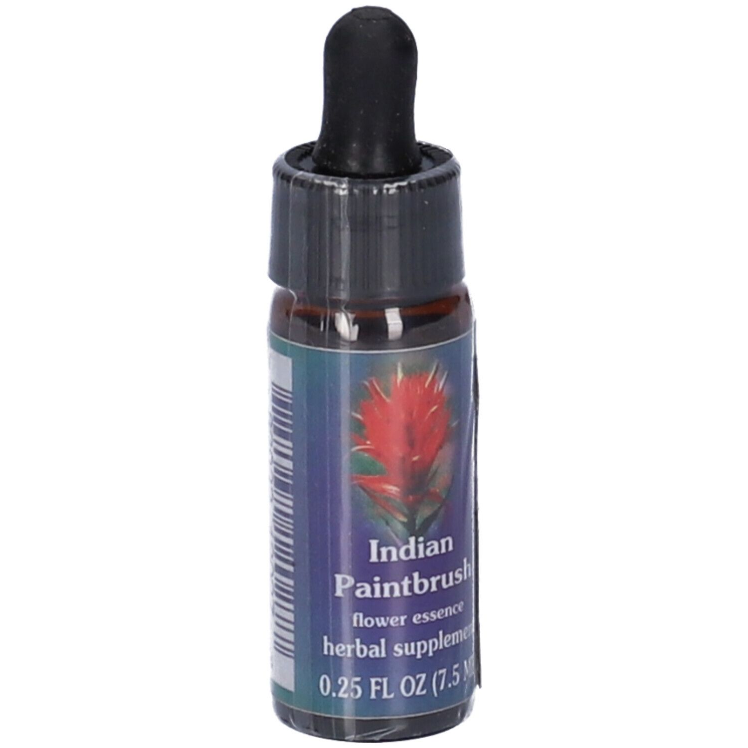 Piccola bottiglia di vetro con contagocce nero. Etichetta con nome del prodotto, immagine floreale e informazioni.