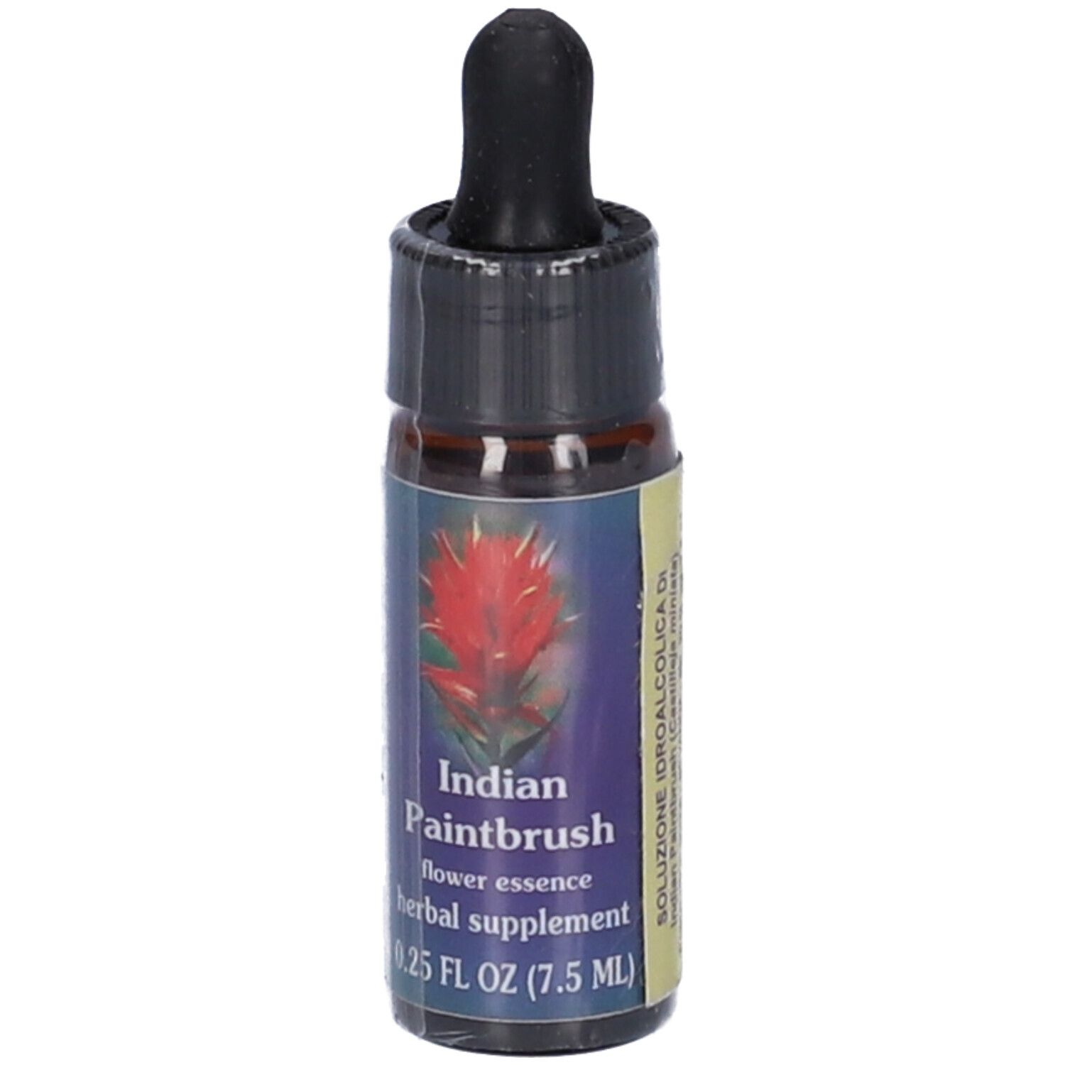 Piccola bottiglia di vetro con contagocce nero. Etichetta con nome del prodotto, immagine floreale e informazioni.