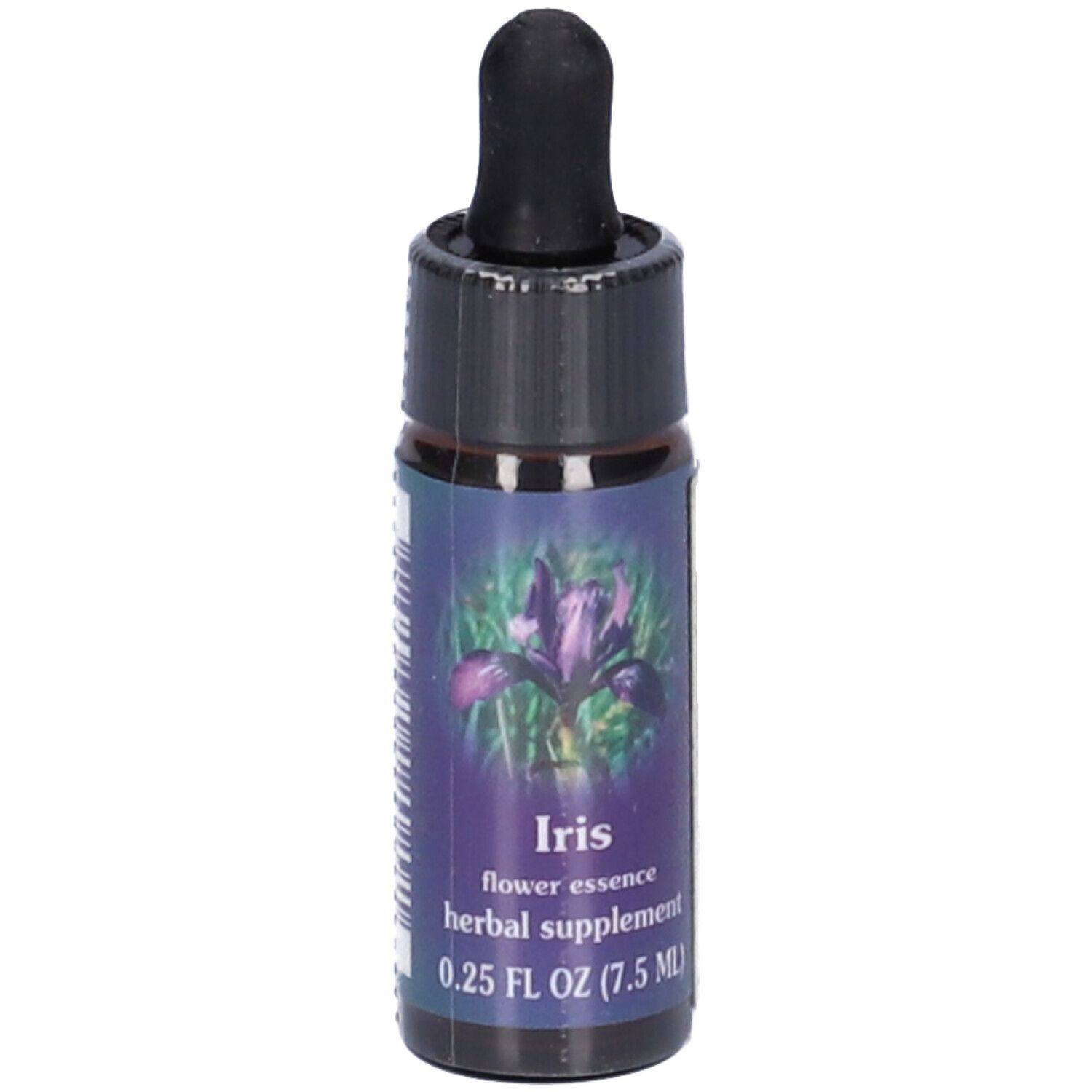Flacone di vetro marrone con tappo nero e contagocce. Etichetta con illustrazione di fiori di iris e testo.