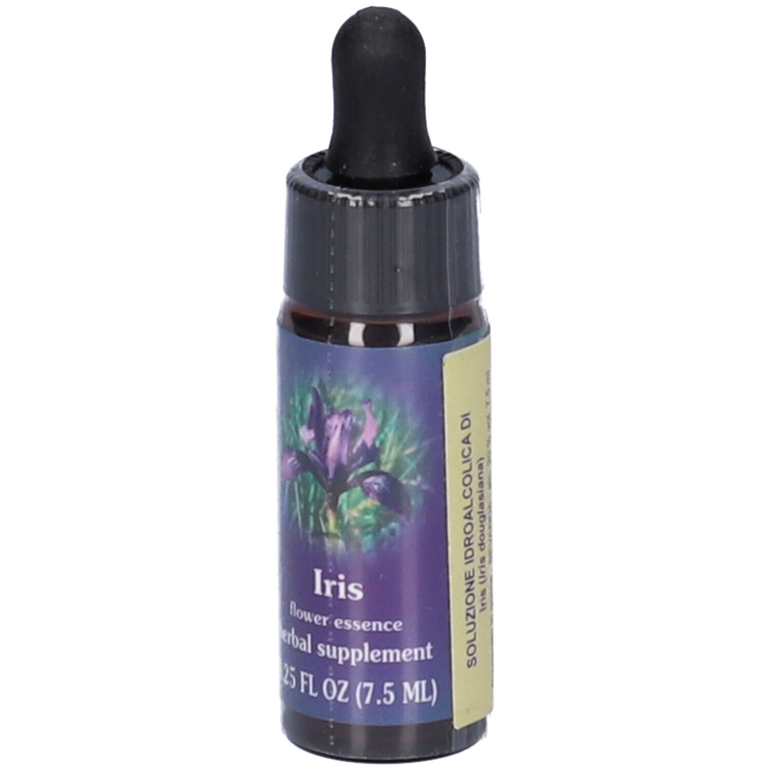 Flacone di vetro marrone con tappo nero e contagocce. Etichetta con illustrazione di fiori di iris e testo.