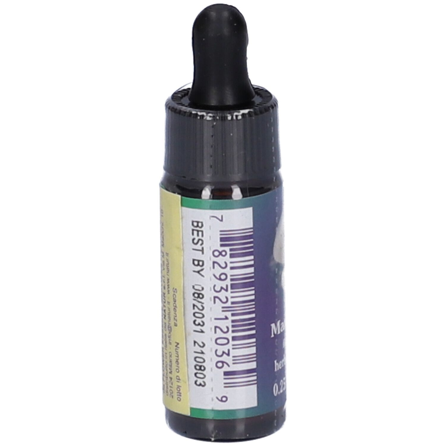 Piccola bottiglia marrone con contagocce nero. Etichetta con codice a barre e testo: BEST BY 08/2031 210803. Testo sul retro.