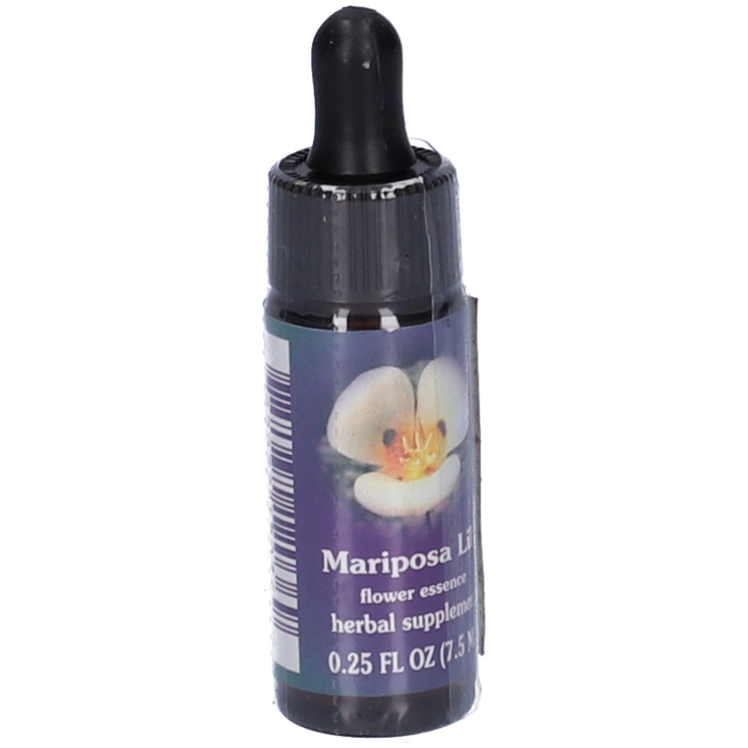 Piccola bottiglia marrone con contagocce nero. Etichetta con fiore e testo: Mariposa Lily, flower essence, herbal supplement, 0.25 FL OZ (7.5 ml).