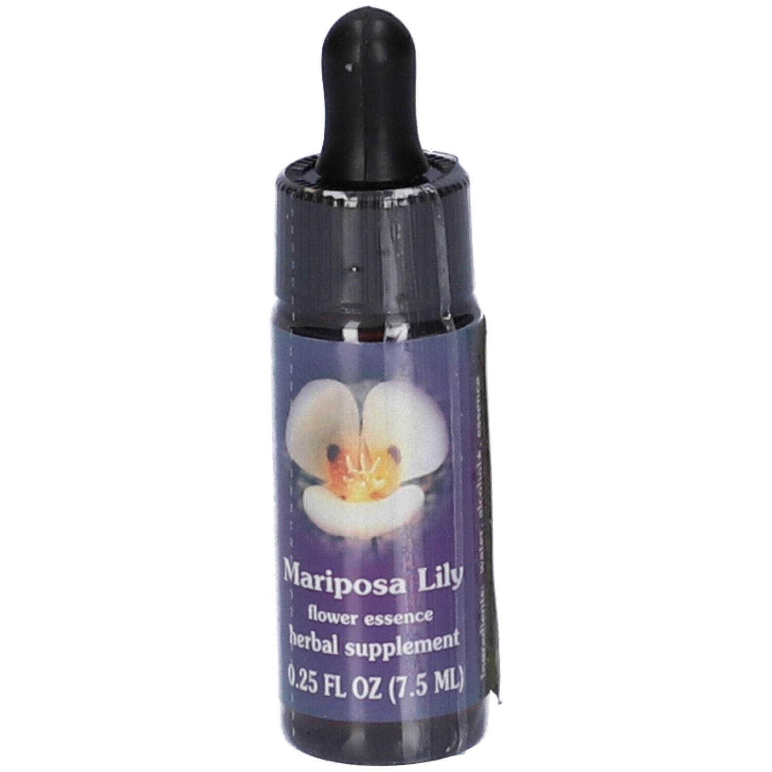 Piccola bottiglia marrone con contagocce nero. Etichetta con fiore e testo: Mariposa Lily, flower essence, herbal supplement, 0.25 FL OZ (7.5 ml).