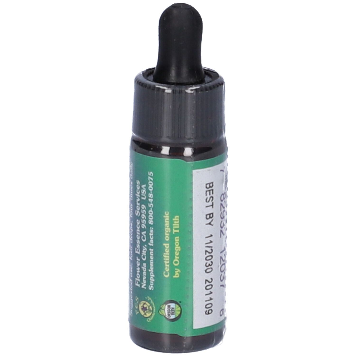 Piccola bottiglia di vetro con tappo nero e contagocce. Etichetta con informazioni sugli ingredienti e certificazione.