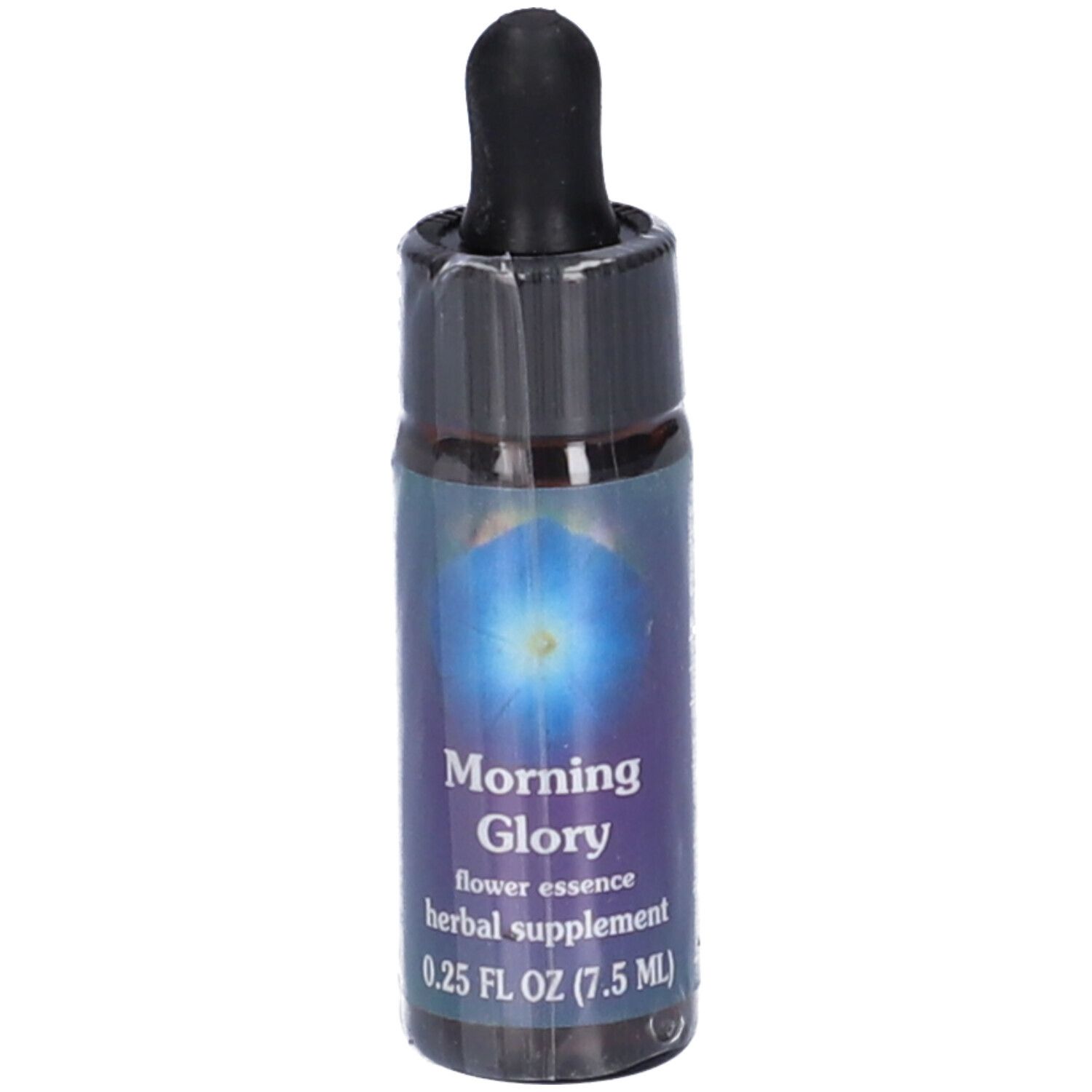 Piccola bottiglia di vetro con tappo nero e contagocce. Etichetta con nome del prodotto, motivo floreale e indicazione del volume.