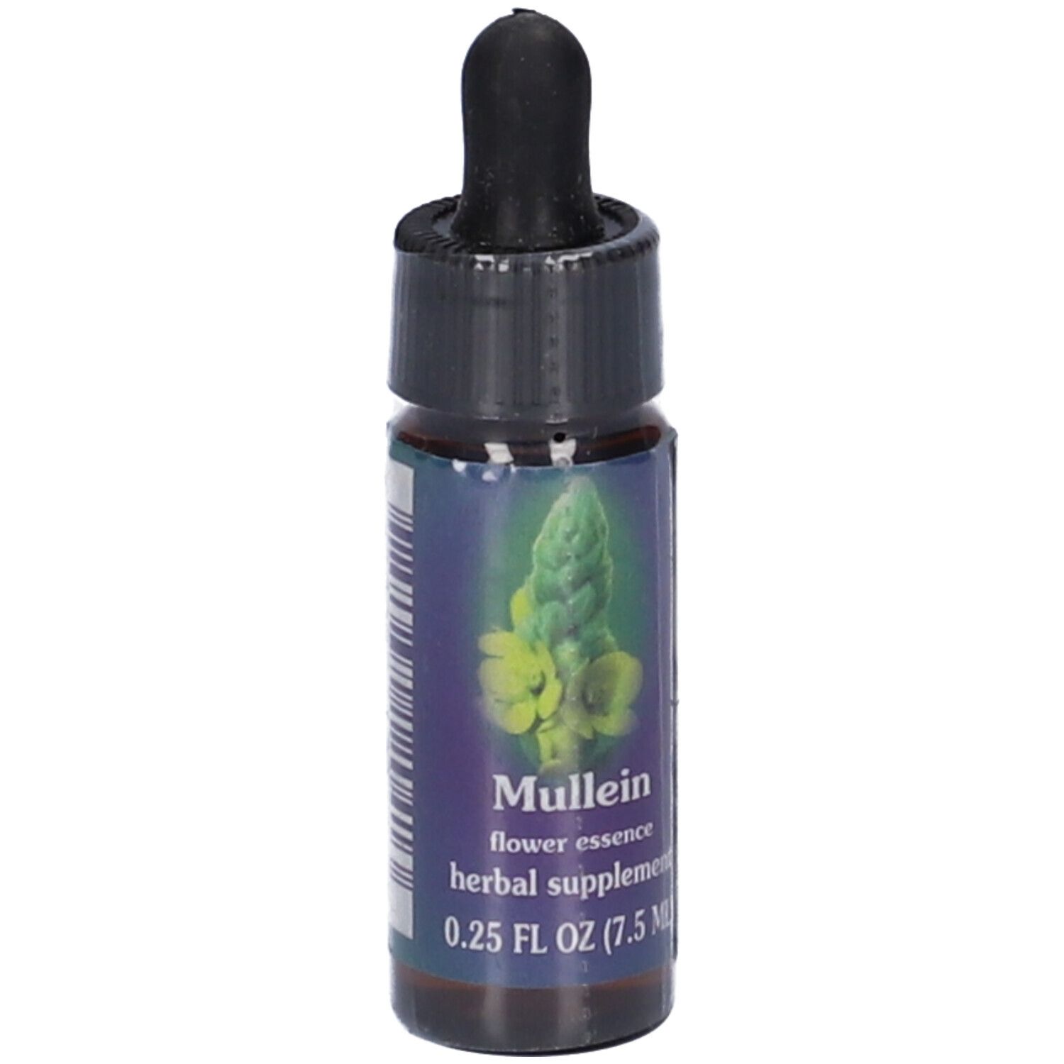 Flacone di vetro marrone con tappo nero e contagocce. Scritta: Mullein flower essence herbal supplement 0.25 FL OZ (7.5 ML).