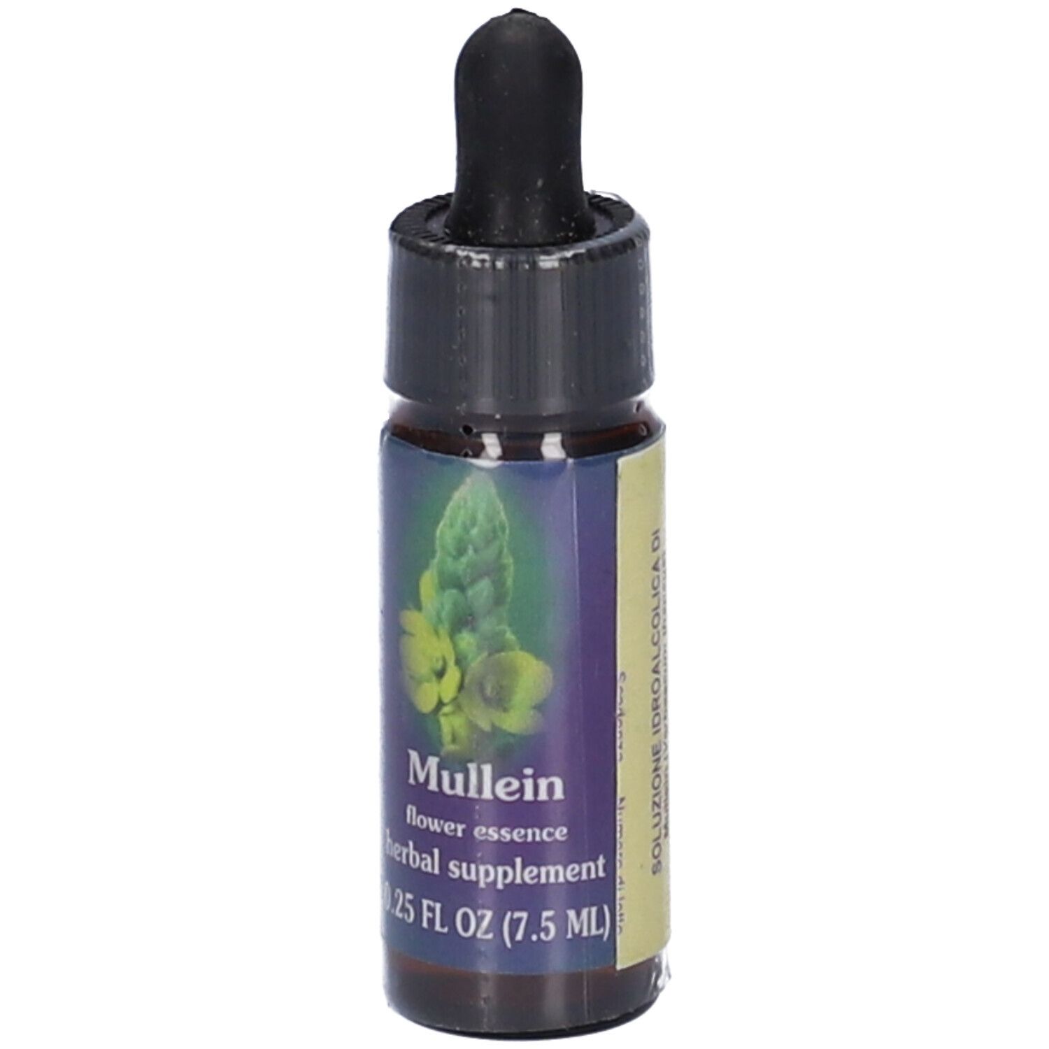 Flacone di vetro marrone con tappo nero e contagocce. Scritta: Mullein flower essence herbal supplement 0.25 FL OZ (7.5 ML).