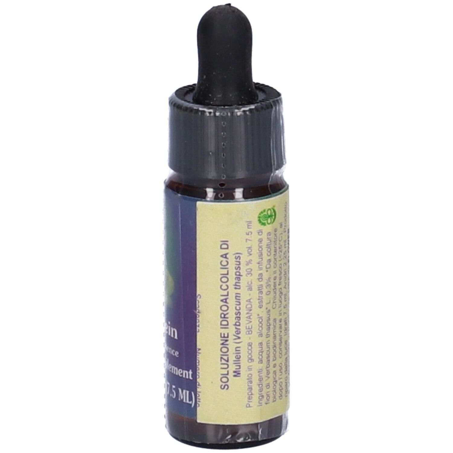 Flacone di vetro marrone con tappo nero e contagocce. Scritta: SOLUZIONE IDROALCOLICA DI Mullein (Verbascum thapsus).