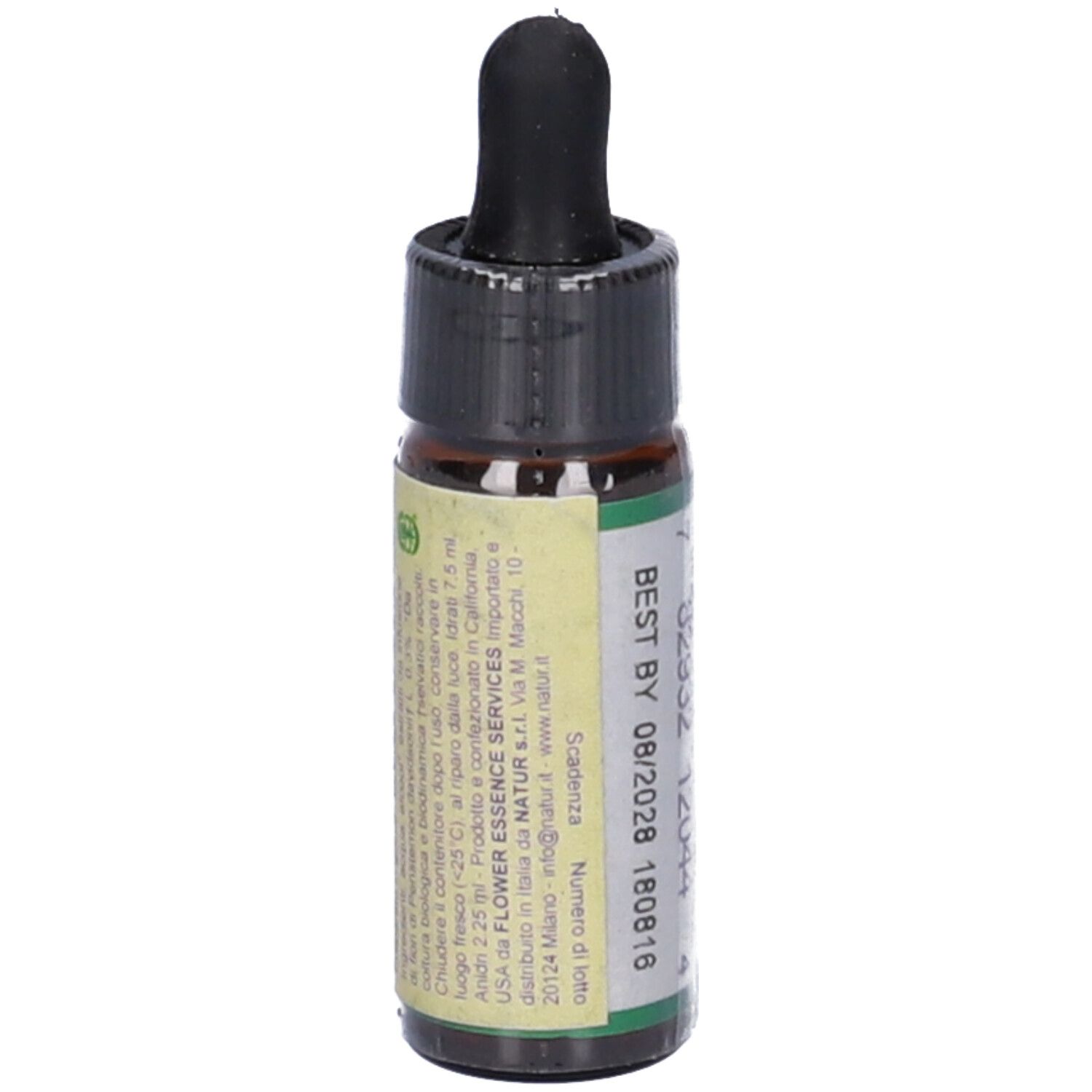 Flacone di vetro marrone con tappo nero e contagocce. Etichetta con testo in italiano e data di scadenza.