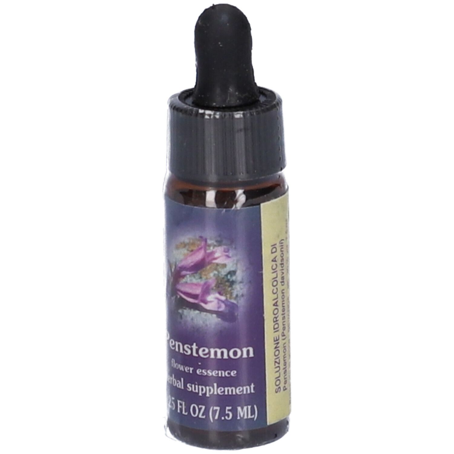 Flacone di vetro marrone con tappo nero e contagocce. Etichetta con nome del prodotto e testo in italiano.