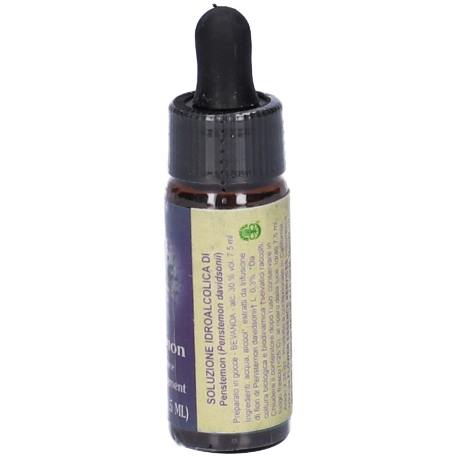 Flacone di vetro marrone con tappo nero e contagocce. Etichetta con testo in italiano.