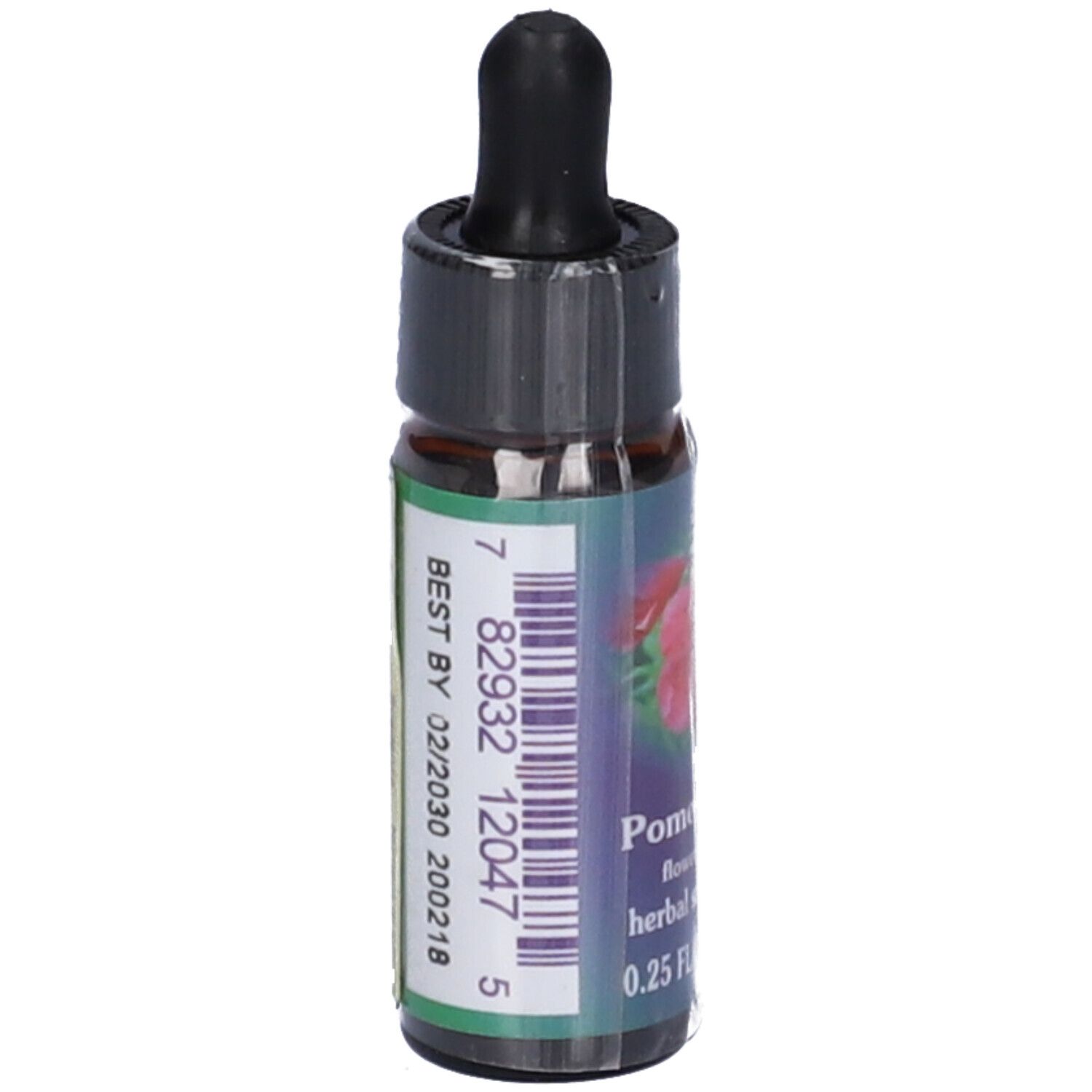 Flacone di vetro marrone con tappo nero e contagocce. Etichetta con codice a barre e testo: Pomegranate, flower essence, herbal supplement, 7.5 ml.