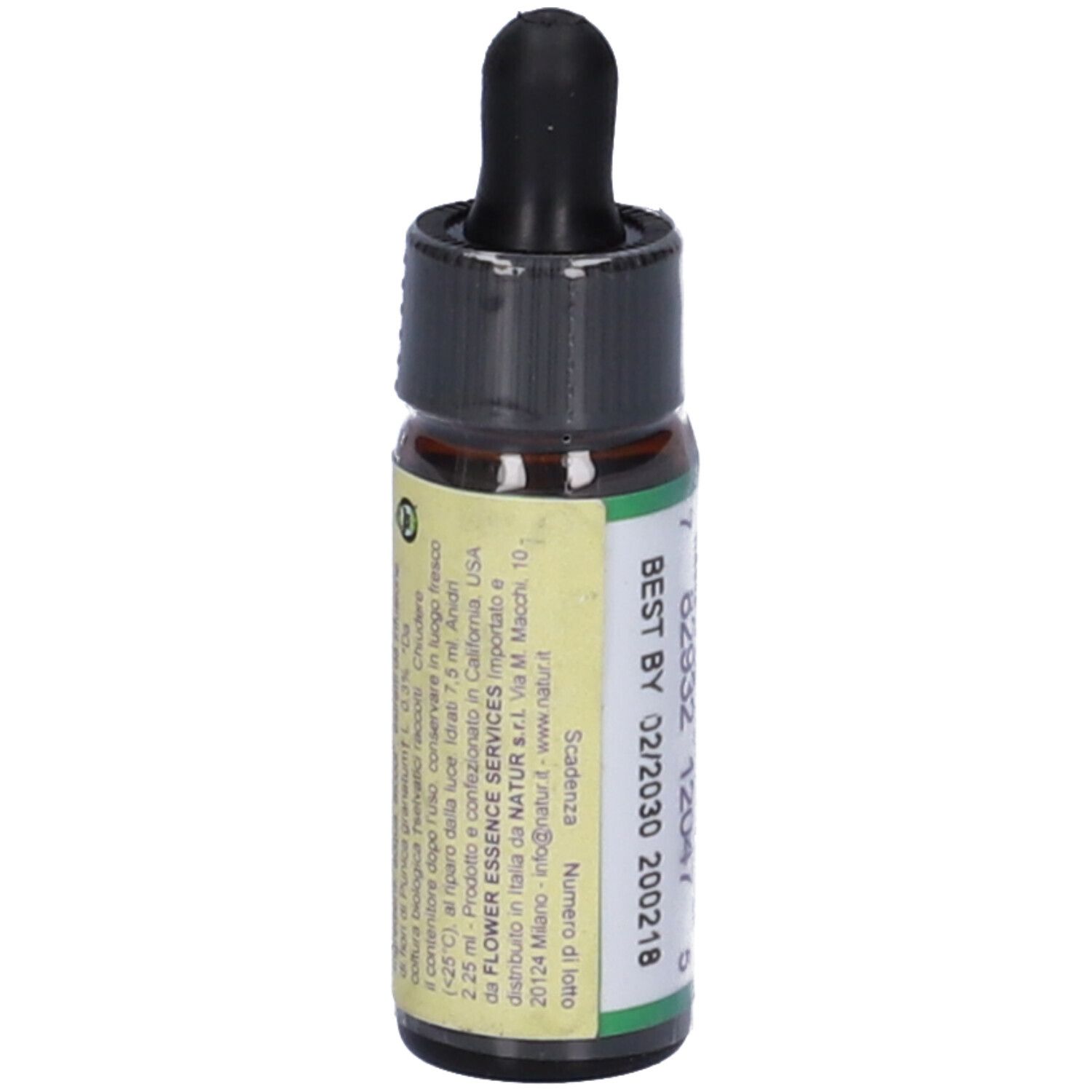 Flacone di vetro marrone con tappo nero e contagocce. Etichetta con testo: Pomegranate, flower essence, herbal supplement, 7.5 ml. Scadenza 02/2030.