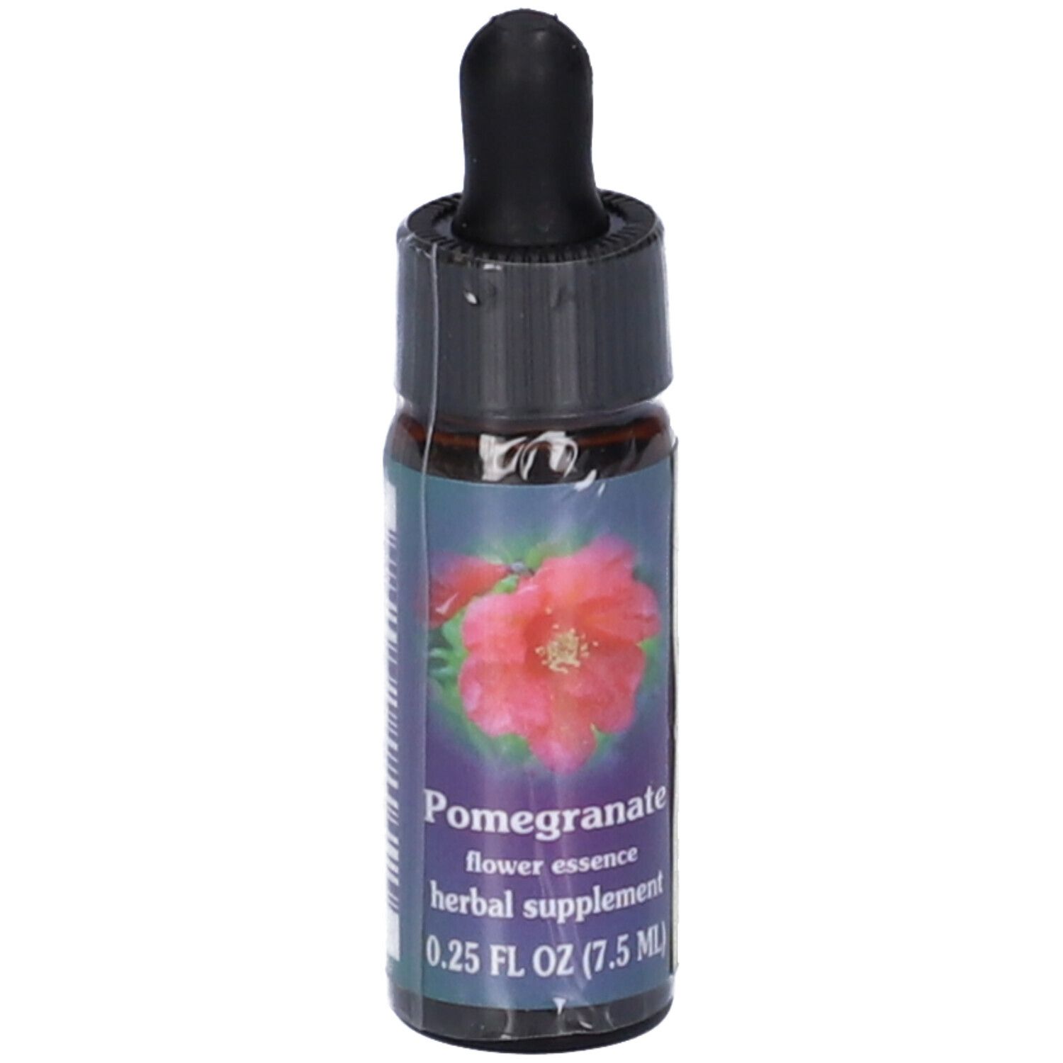 Flacone di vetro marrone con tappo nero e contagocce. Etichetta con fiore, testo: Pomegranate, flower essence, herbal supplement, 7.5 ml.