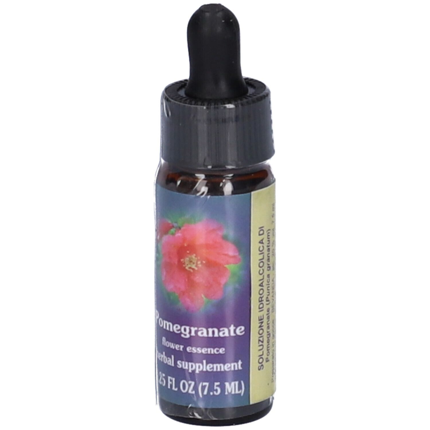 Flacone di vetro marrone con tappo nero e contagocce. Etichetta con testo: Pomegranate, flower essence, herbal supplement, 7.5 ml. Soluzione idroalcolica.