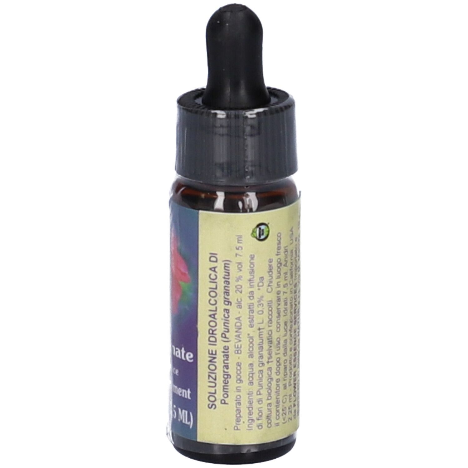 Flacone di vetro marrone con tappo nero e contagocce. Etichetta con testo: Pomegranate, flower essence, herbal supplement, 7.5 ml. Ingredienti e uso.