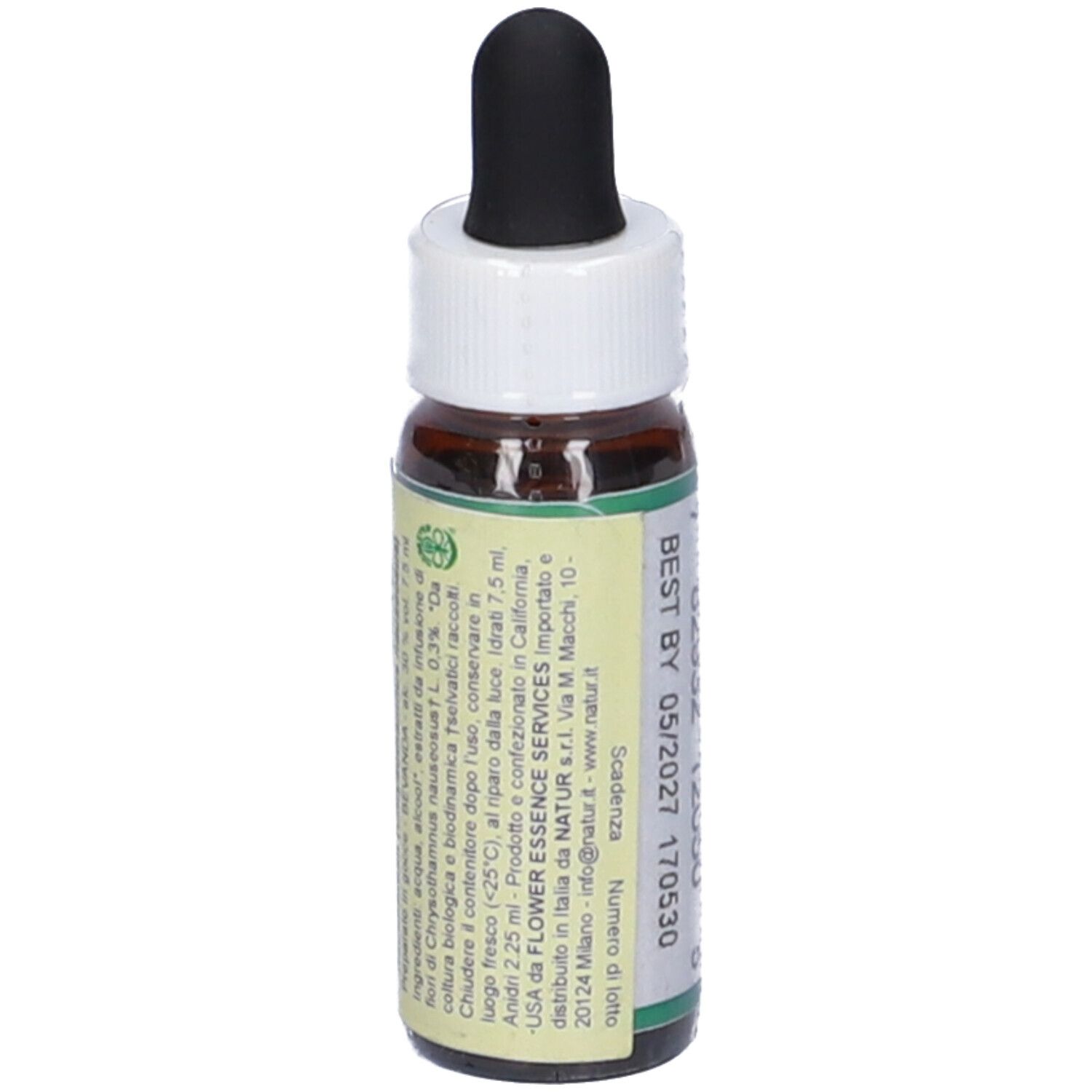 Flacone di vetro marrone con contagocce nero. Etichetta con informazioni sul prodotto e certificazioni. Volume: 7,5 ml.