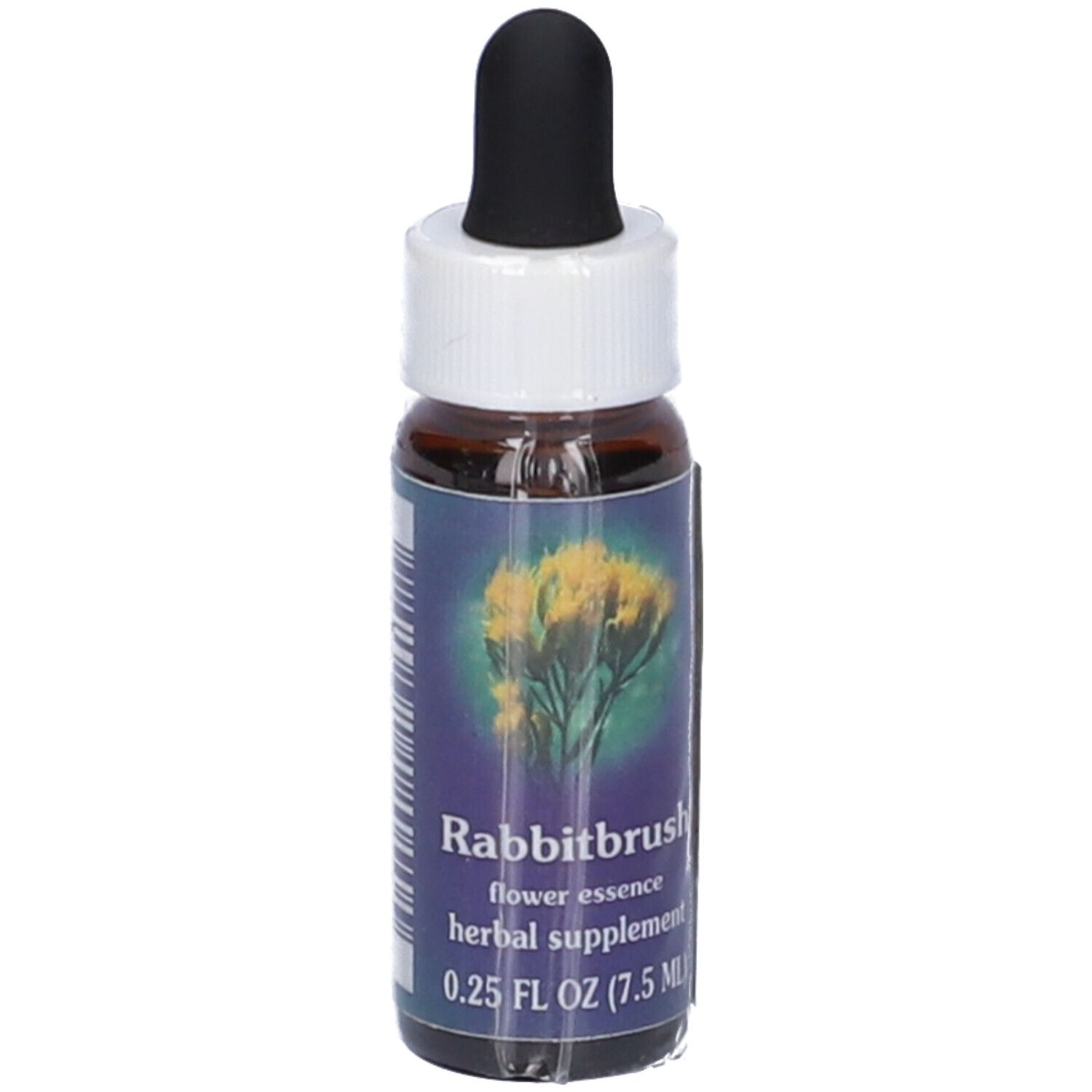 Flacone di vetro marrone con contagocce nero. Etichetta con nome del prodotto e illustrazione floreale. Volume: 7,5 ml.