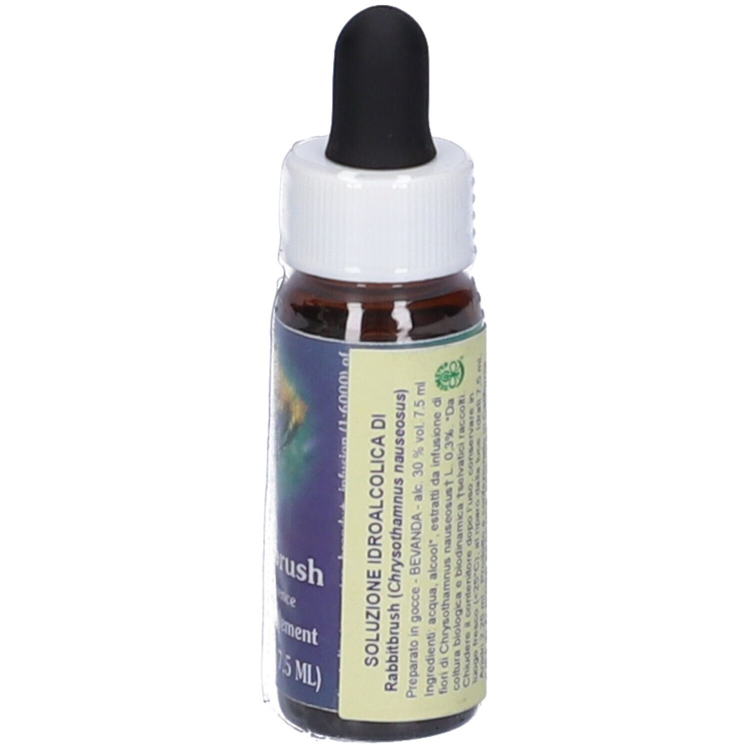 Flacone di vetro marrone con contagocce nero. Etichetta con nome del prodotto e ingredienti. Volume: 7,5 ml.