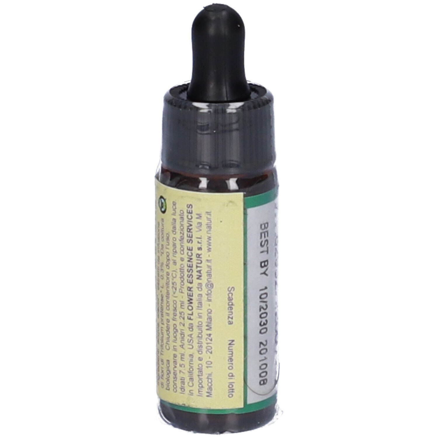 Flacone di vetro marrone con contagocce nero. Etichetta con testo e logo. Scritta: FLOWER ESSENCE SERVICES.