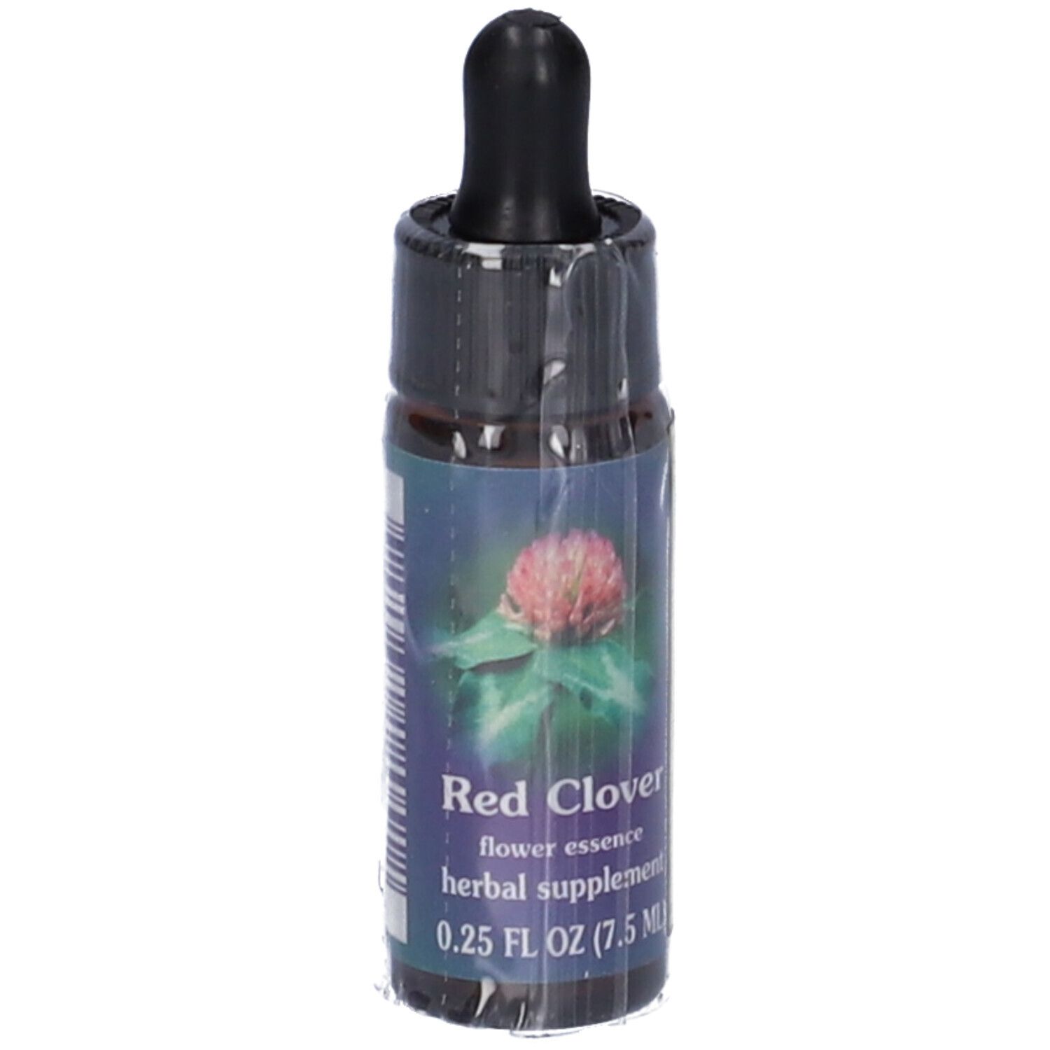 Flacone di vetro marrone con contagocce nero. Etichetta con immagine di trifoglio rosso e testo: Red Clover, flower essence, herbal supplement.