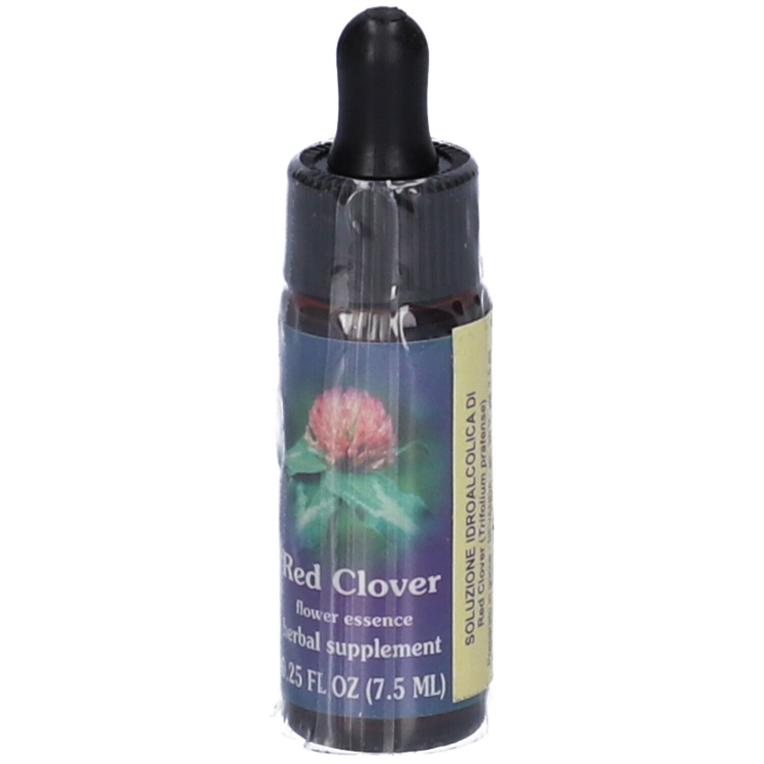 Flacone di vetro marrone con contagocce nero. Etichetta con immagine di trifoglio rosso e testo: SOLUZIONE IDROALCOLICA DI Red Clover.