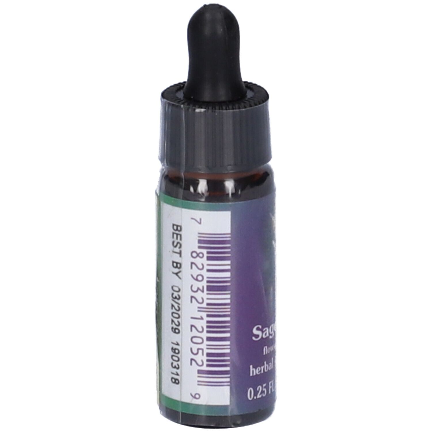 Flacone di vetro marrone con contagocce nero. Etichetta con codice a barre e data di scadenza. Volume: 7,5 ml.